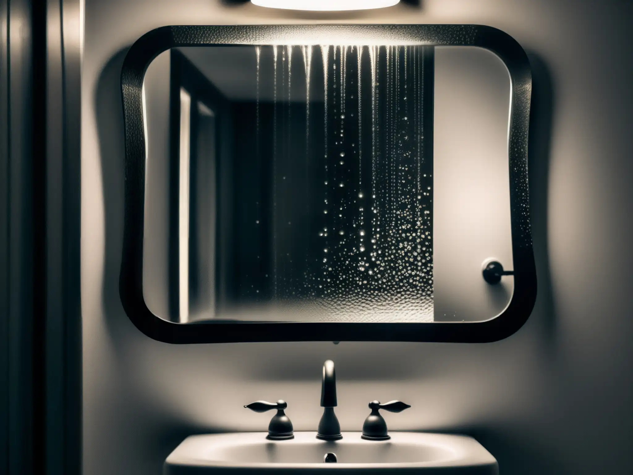Un inquietante baño en blanco y negro con gotas de agua en el espejo, creando reflejos distorsionados