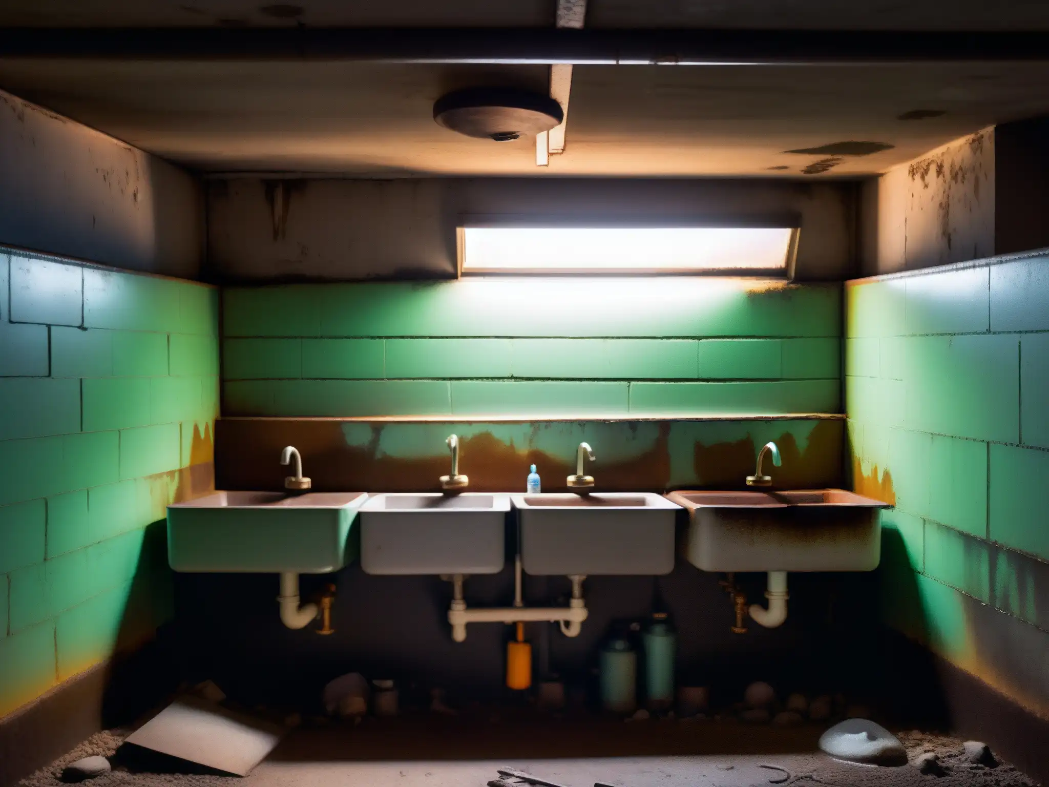 Un inquietante baño escolar con luces tenues y grafitis en las puertas