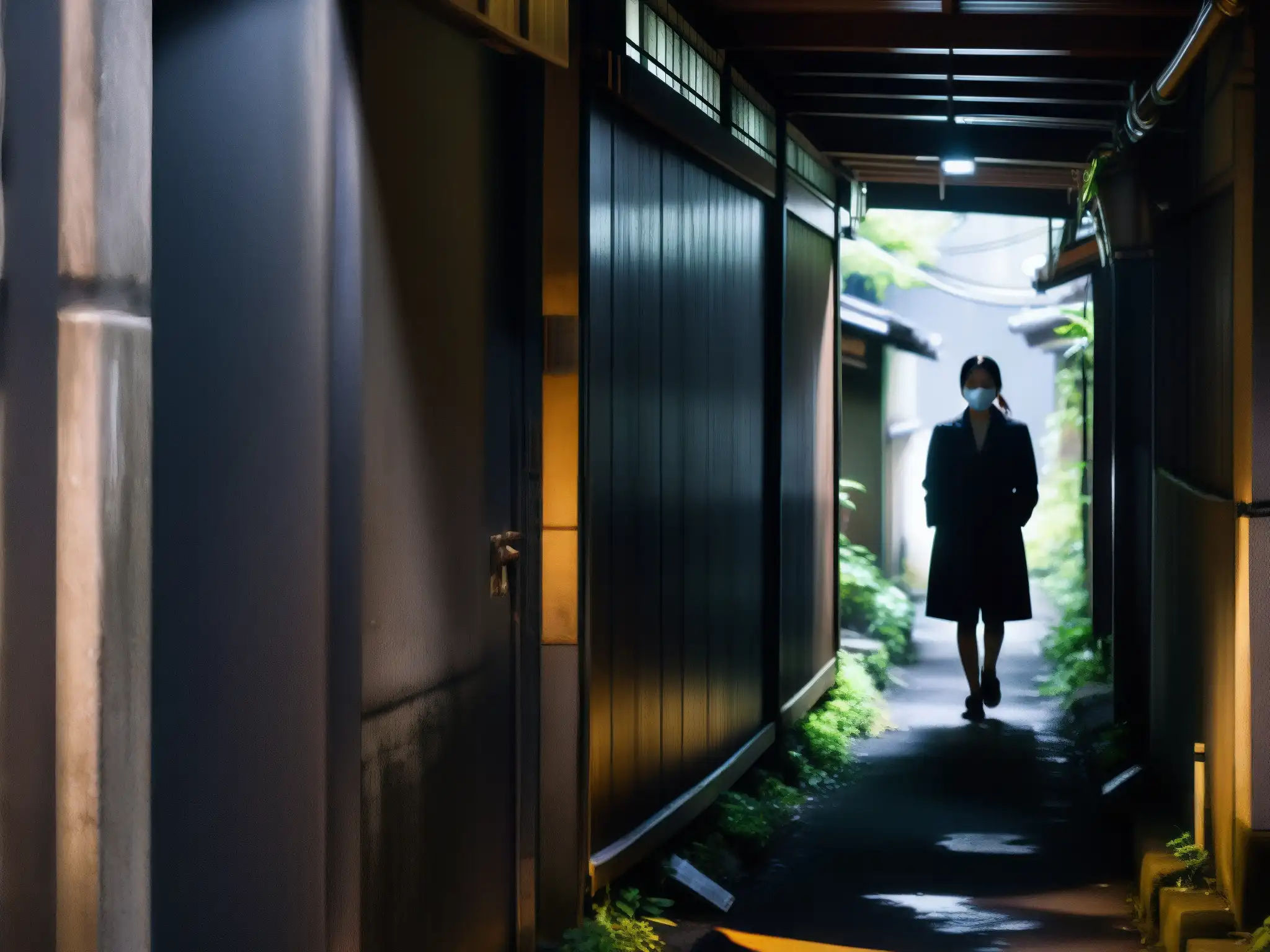 Una inquietante imagen de un oscuro callejón en Japón con la silueta de una mujer enmascarada