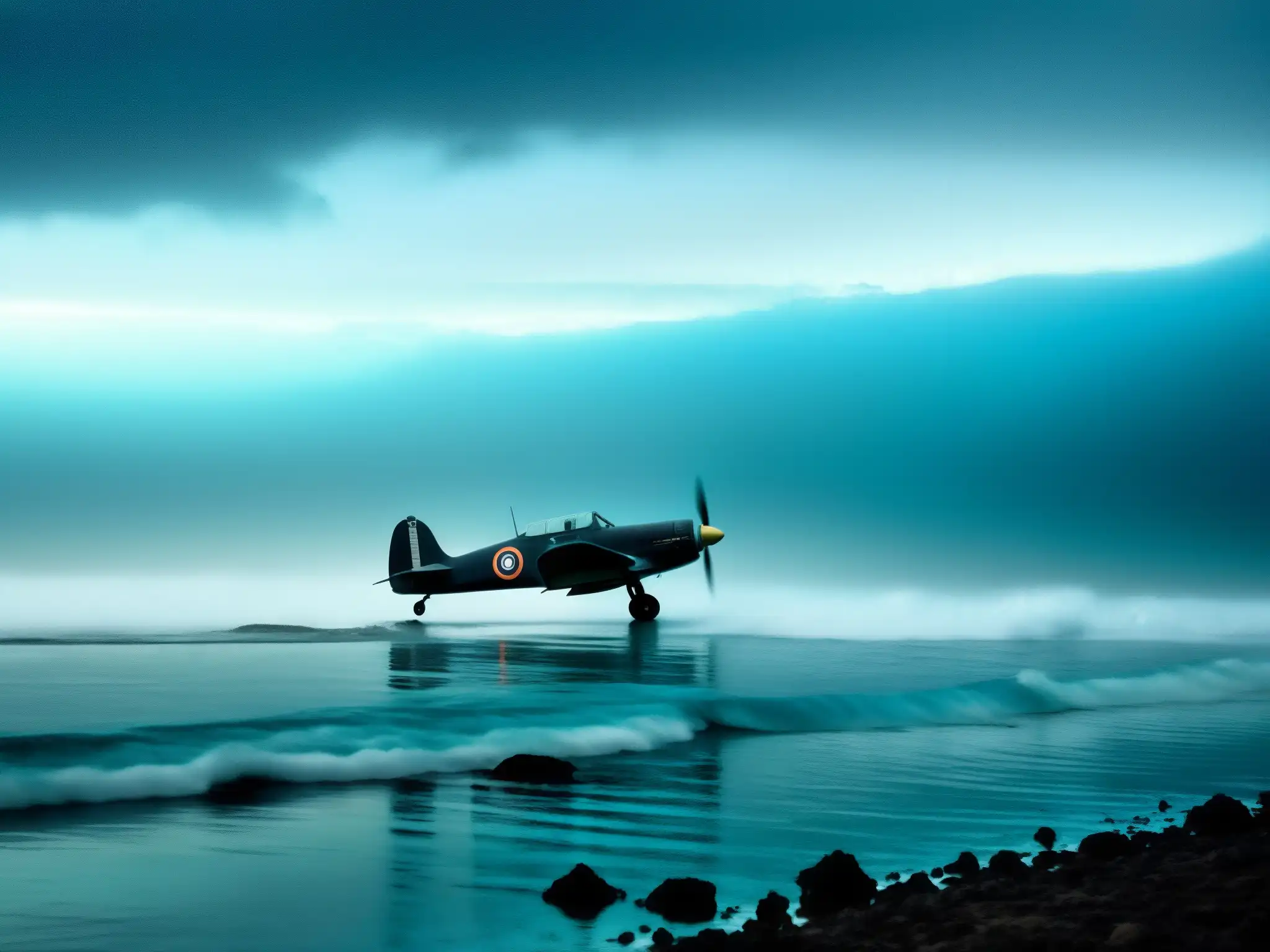 Una inquietante imagen de la superficie del océano con la silueta difuminada de un avión vintage bajo las olas