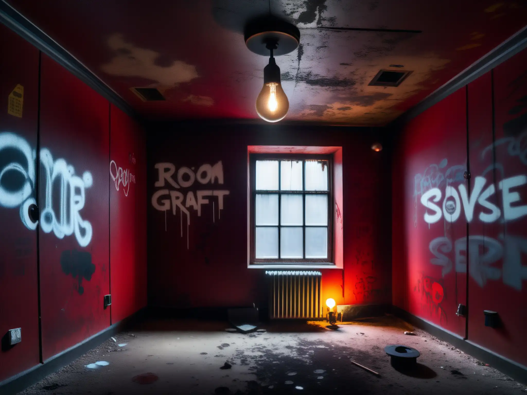 Un inquietante y misterioso cuarto con paredes rojo sangre, grafitis inquietantes y una única bombilla desnuda