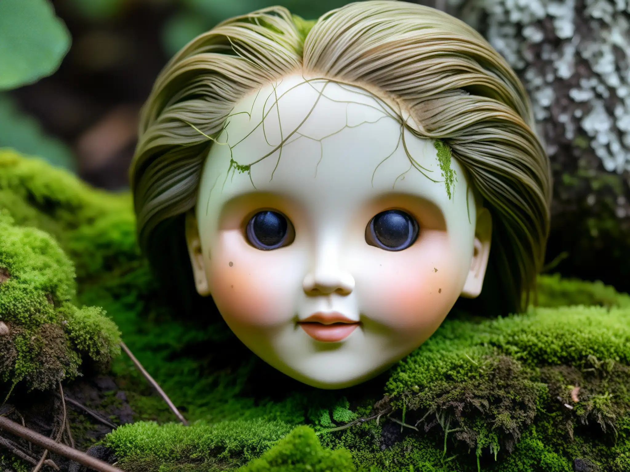 Una inquietante muñeca desgastada se asoma entre la maleza en la Isla de las Muñecas, con ojos vacíos y detalles desgastados