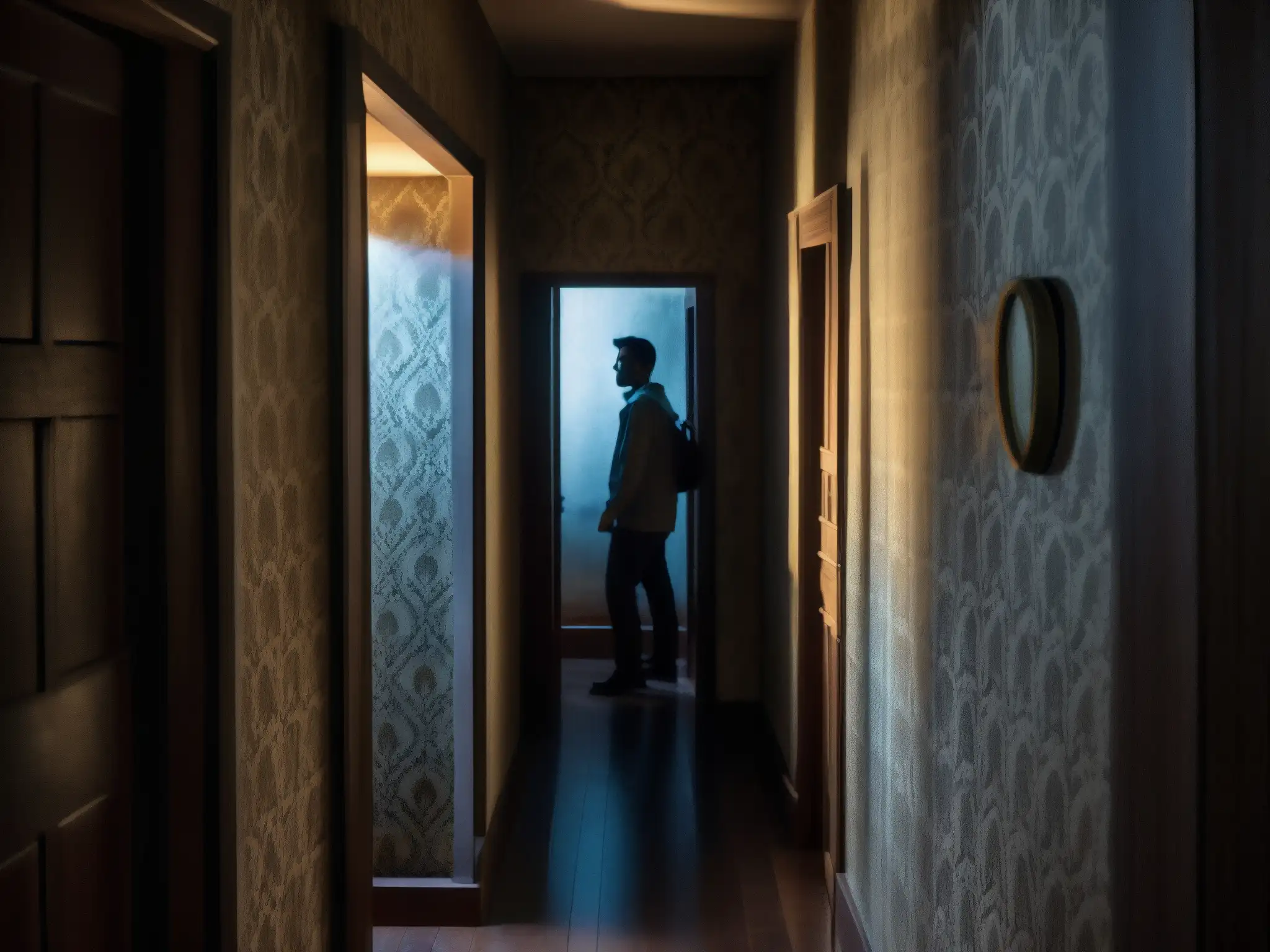 Un inquietante pasillo en Casa Matusita, con luces parpadeantes y sombras inquietantes en las paredes