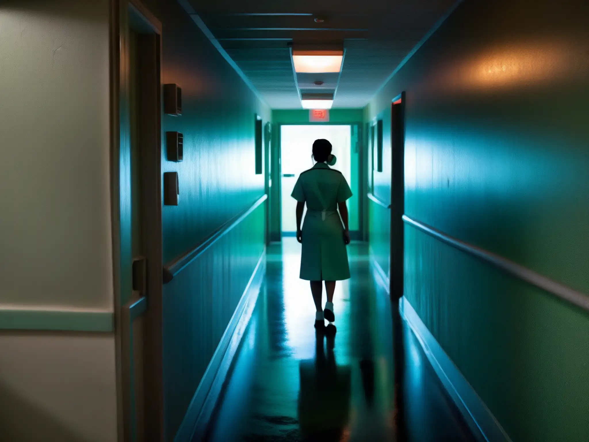 Un inquietante pasillo de hospital con luces parpadeantes y un enfermera de espaldas, evocando la leyenda mexicana de La Planchada