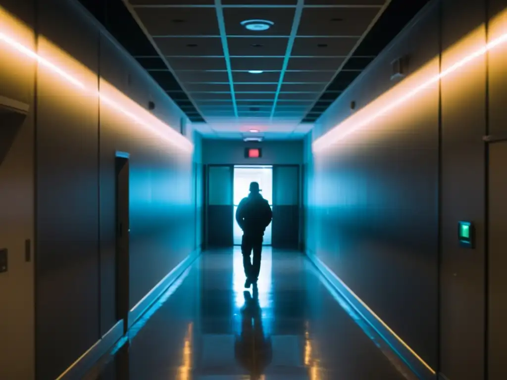 Un inquietante pasillo vacío de edificio, con un fantasmagórico guardia de seguridad, rodeado de una aura misteriosa a las 3:00 AM