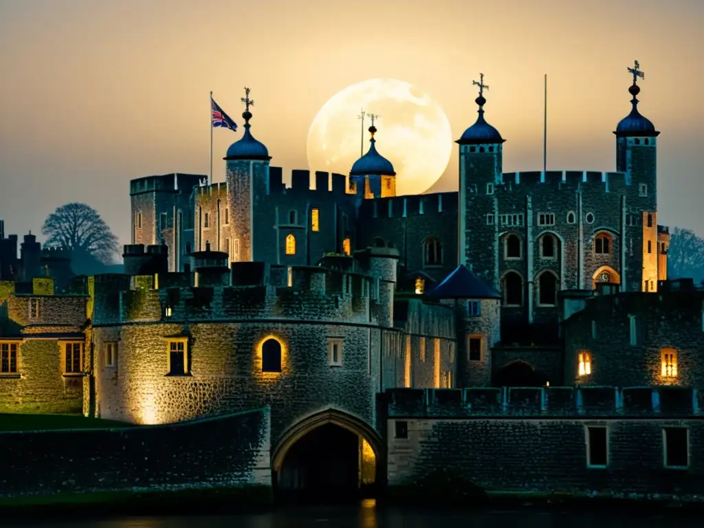 La inquietante Torre de Londres iluminada por la luna, sugiriendo leyendas y apariciones fantasmales en la atmósfera misteriosa de la noche