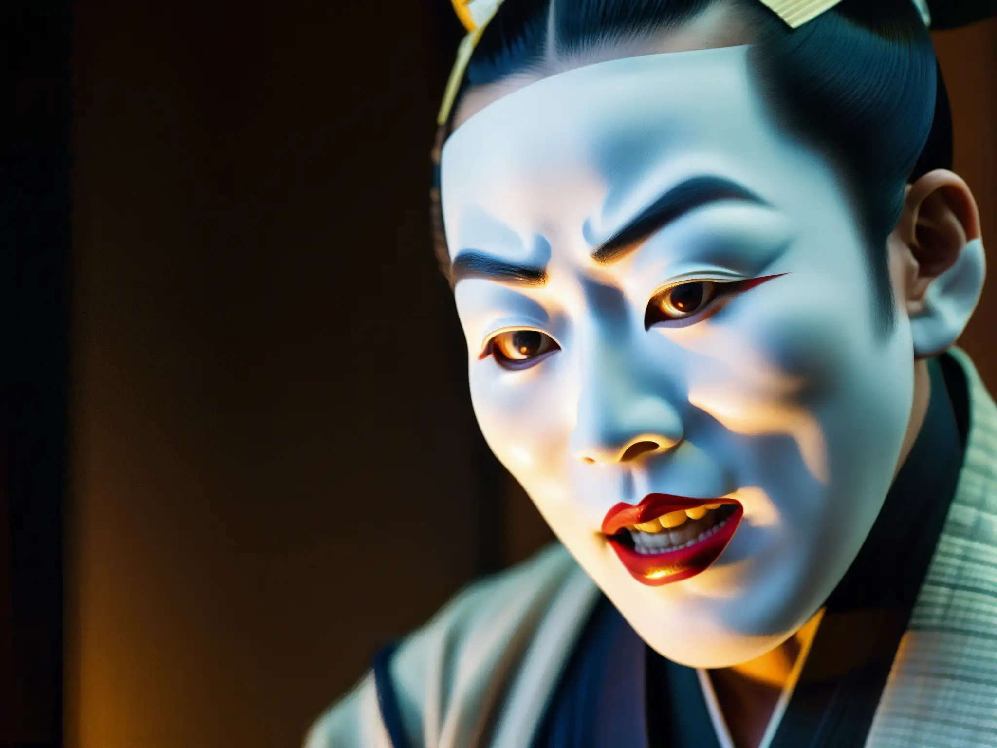 Intenso drama en la actuación teatral japonesa de Noh, con la Mujer de la Nieve, evocando misterio y cultura