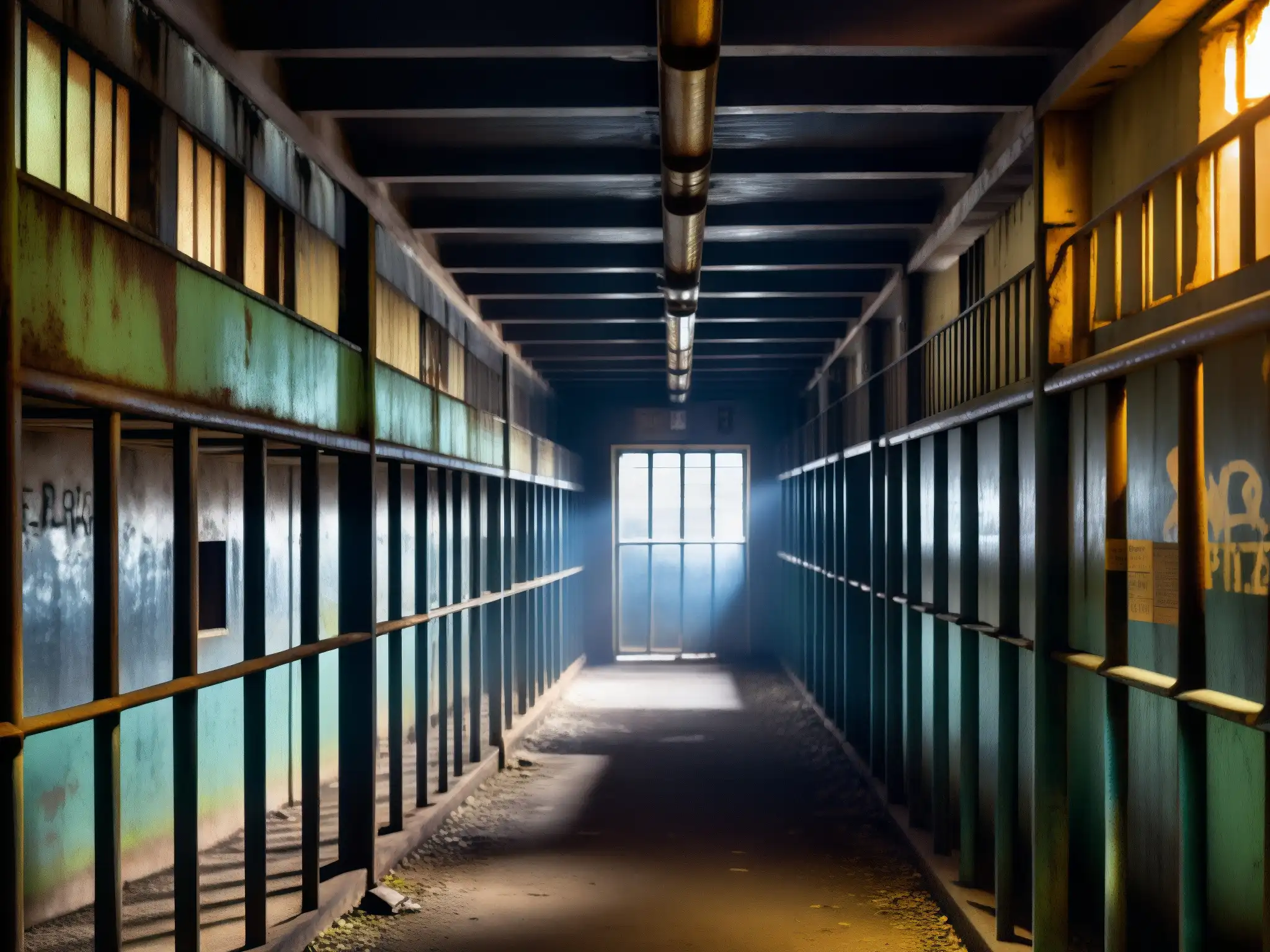 Interior de prisión celular con atmósfera misteriosa, pintura descascarada y rejas oxidadas, evocando mitos y leyendas urbanas