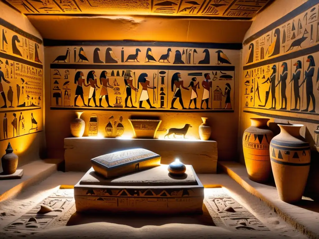 Interior detallado de una antigua tumba egipcia con jeroglíficos, sarcófagos y cerámica