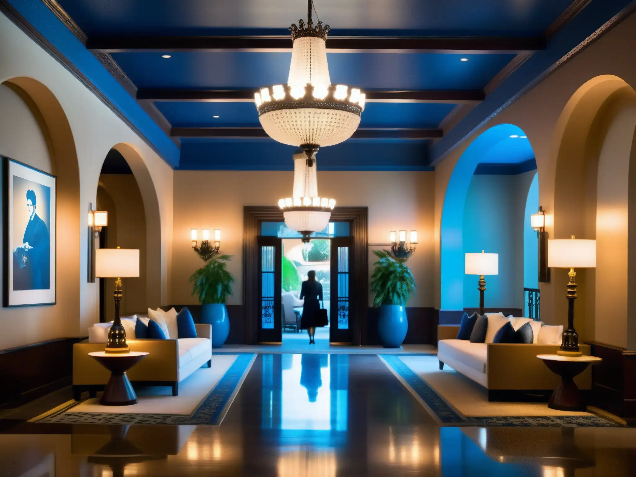 Interior del Hotel Hollywood Roosevelt con misteriosa dama azul, elegantes detalles y ambiente histórico