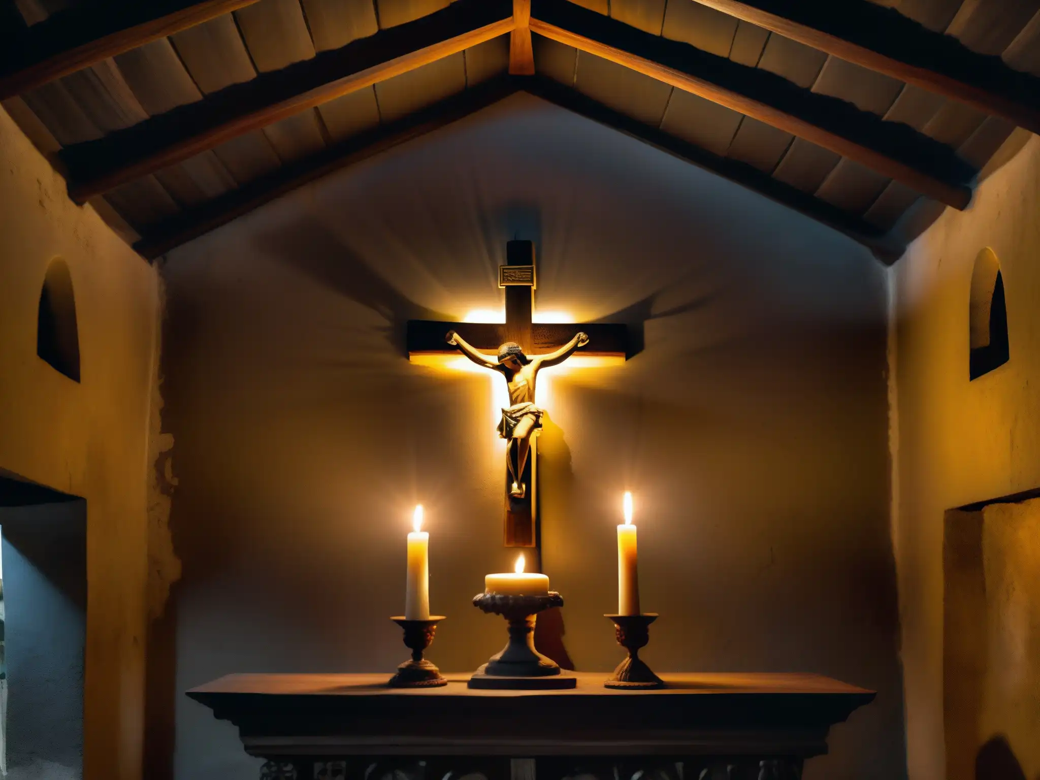 Interior de iglesia en Ecuador, iluminado por velas