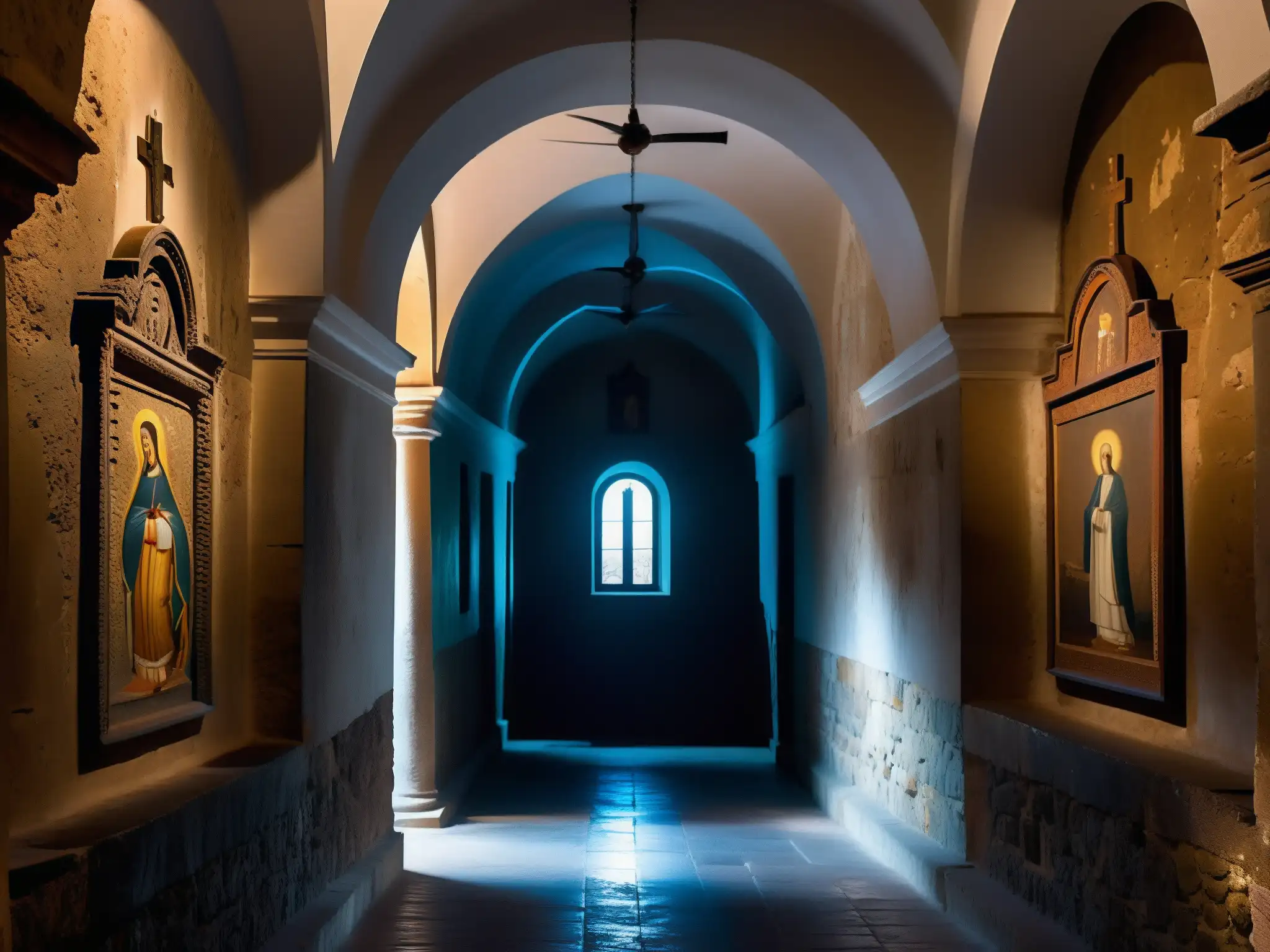 Interior misterioso del Convento de la Concepción, con arte religioso en las paredes de piedra y una atmósfera fantasmagórica que evoca el mito de la monja fantasma