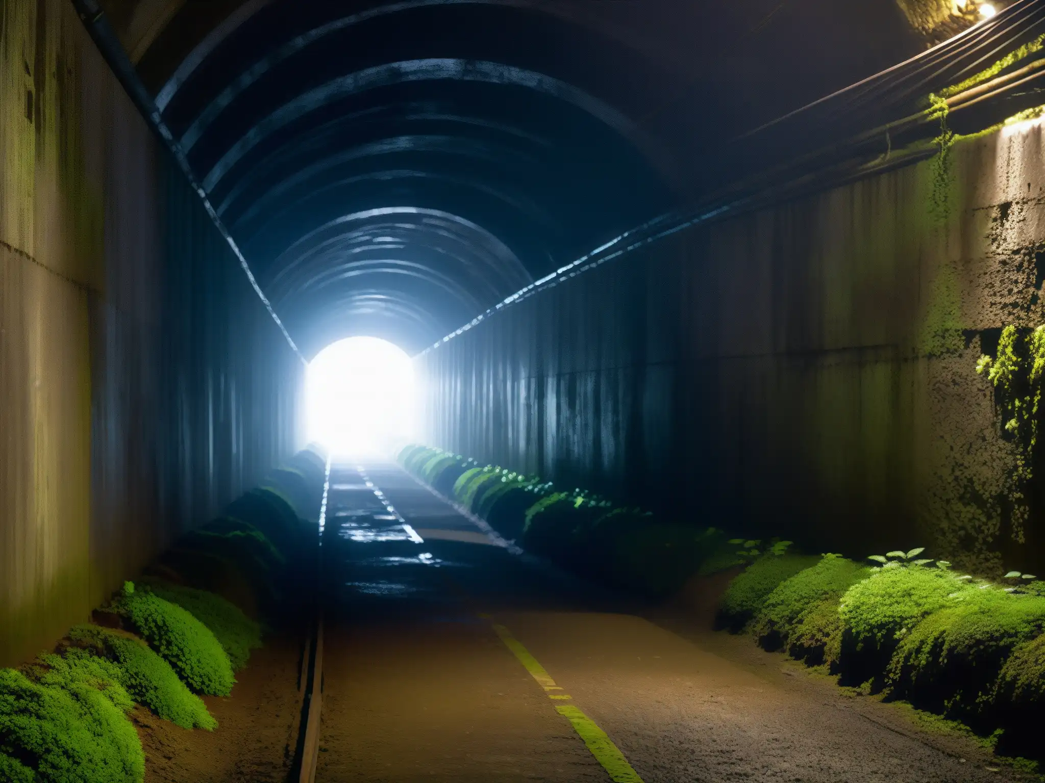 Interior húmedo y misterioso del Túnel Kiyotaki, con paredes cubiertas de musgo y pasadizo estrecho que desaparece en la oscuridad
