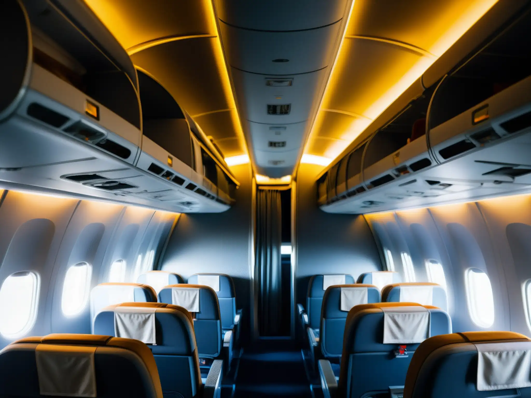 Interior misterioso de avión vacío, iluminado débilmente, evocando la incertidumbre del misterio del vuelo 814