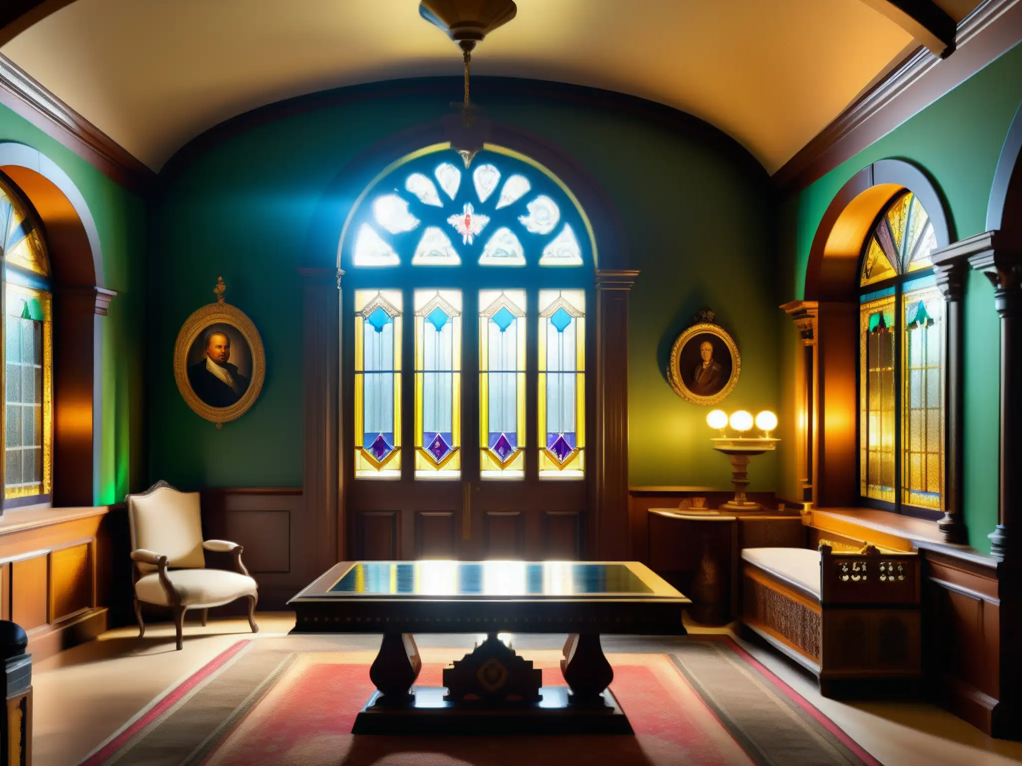 Interior opulento de la mansión de la Marquesa en la Ciudad de México, evocando leyendas y tesoros antiguos entre la luz y la sombra
