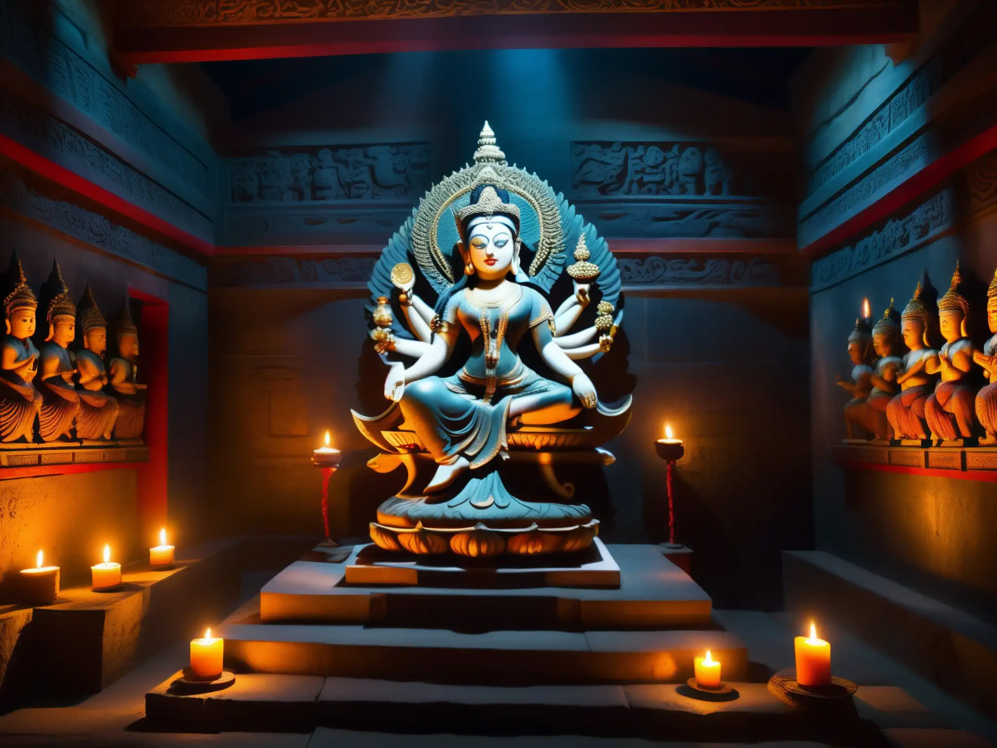 En el interior sombrío de un templo, la estatua de la diosa Chinnamasta muestra tres corrientes de sangre