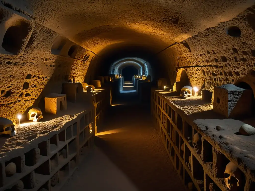 Interiores de las antiguas catacumbas romanas, con intrincadas tumbas y una atmósfera misteriosa, evocando leyendas urbanas historia Roma