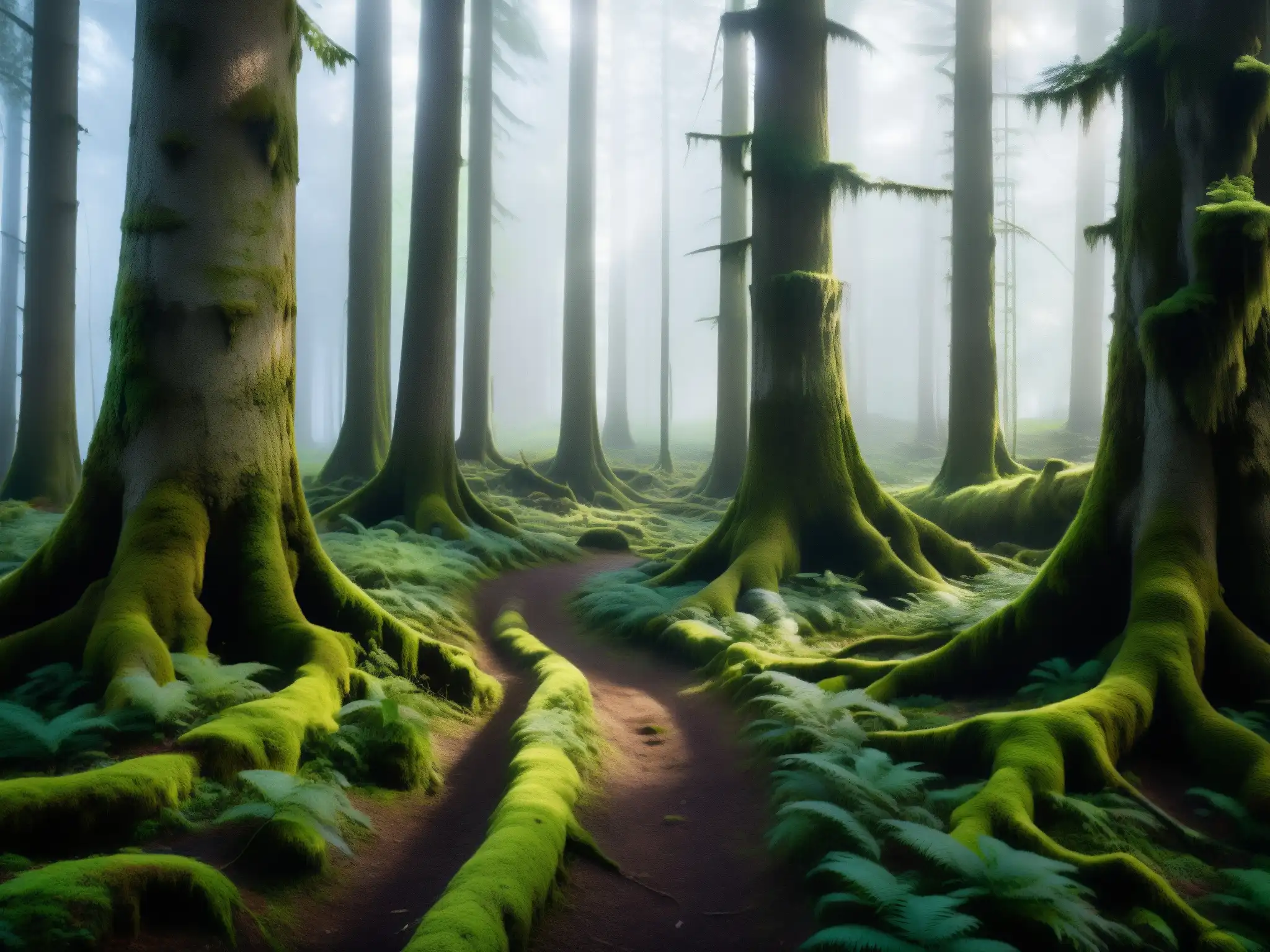 Intrigante bosque encantado, con árboles antiguos y misteriosa neblina