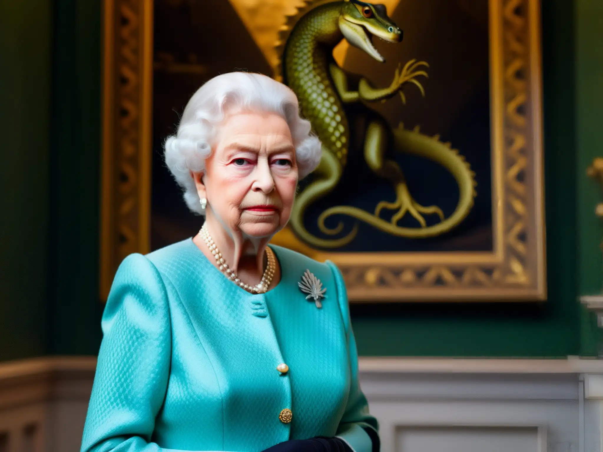 Una intrigante imagen de la Reina Isabel II frente a un enigmático cuadro de un reptil real, con una atmósfera misteriosa