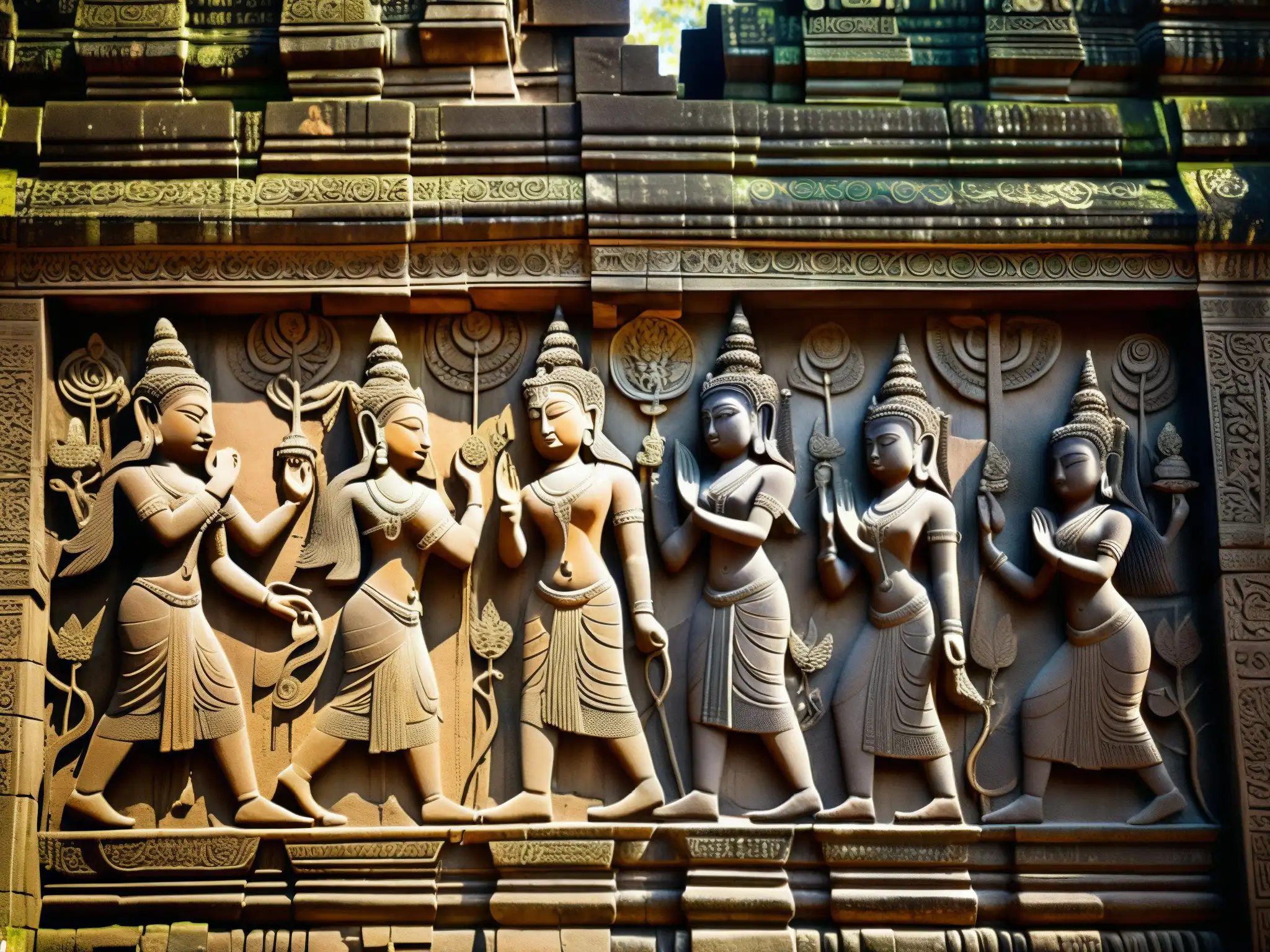 Intrincadas esculturas en templo antiguo de Angkor Wat, narrando leyendas de civilizaciones perdidas sur Asia en piedra desgastada