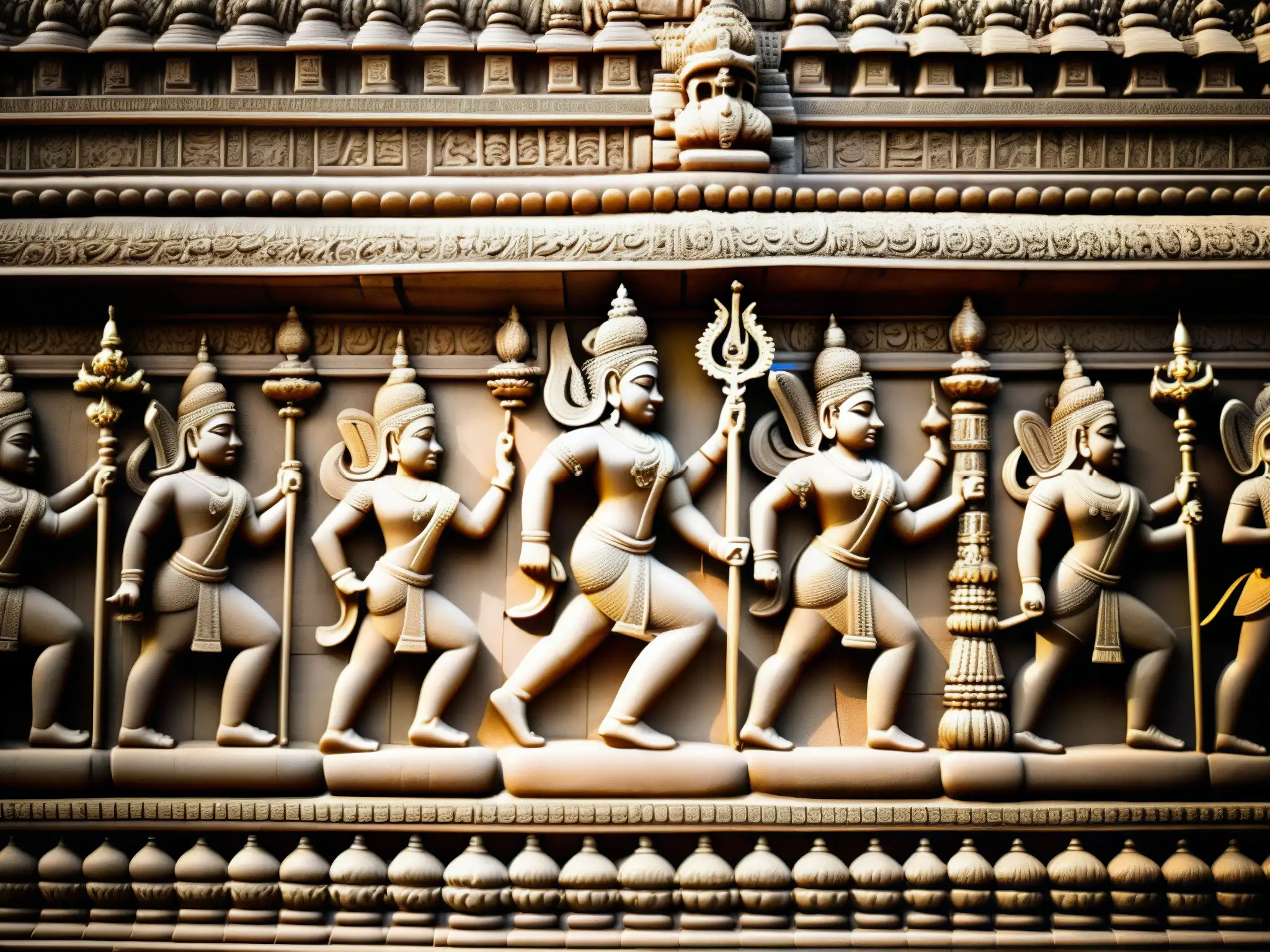 Intrincados relieves de piedra en el antiguo Templo Padmanabhaswamy, mostrando la belleza eterna de la arquitectura