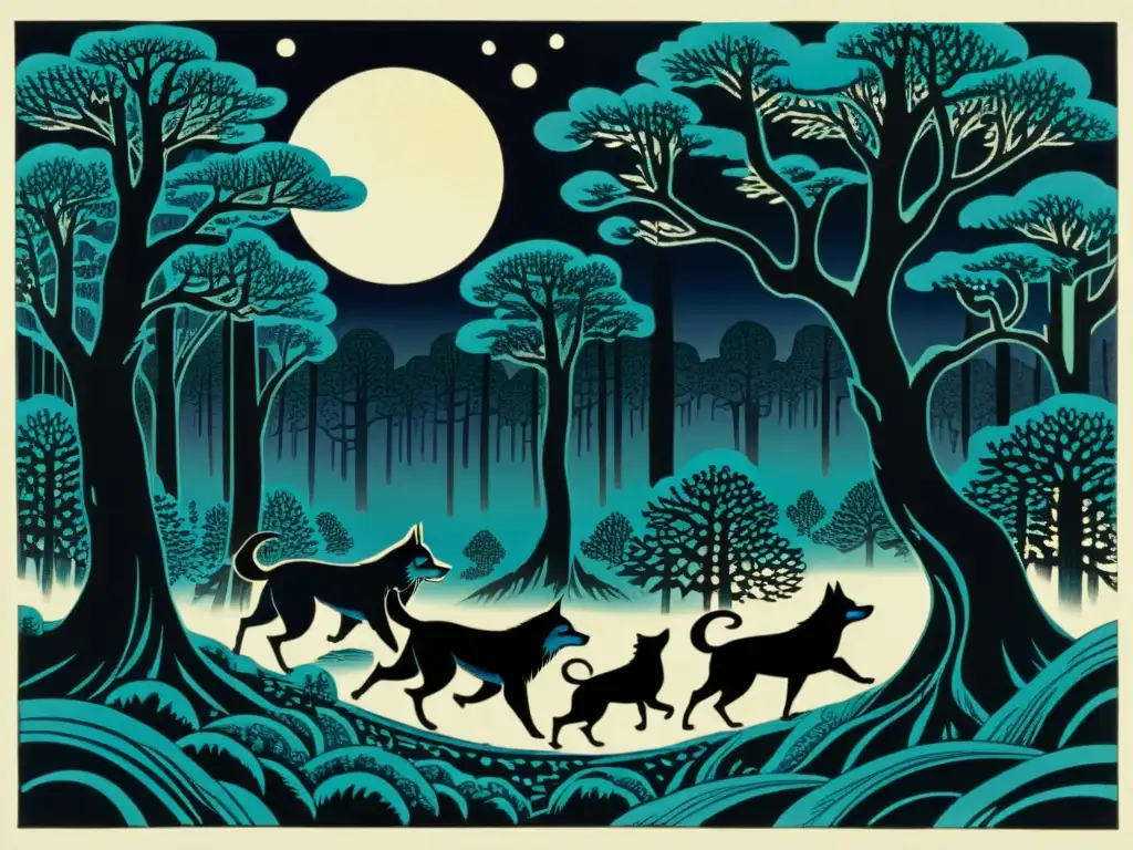 Inugami leyenda perros espíritus acechando en el bosque iluminado por la luna