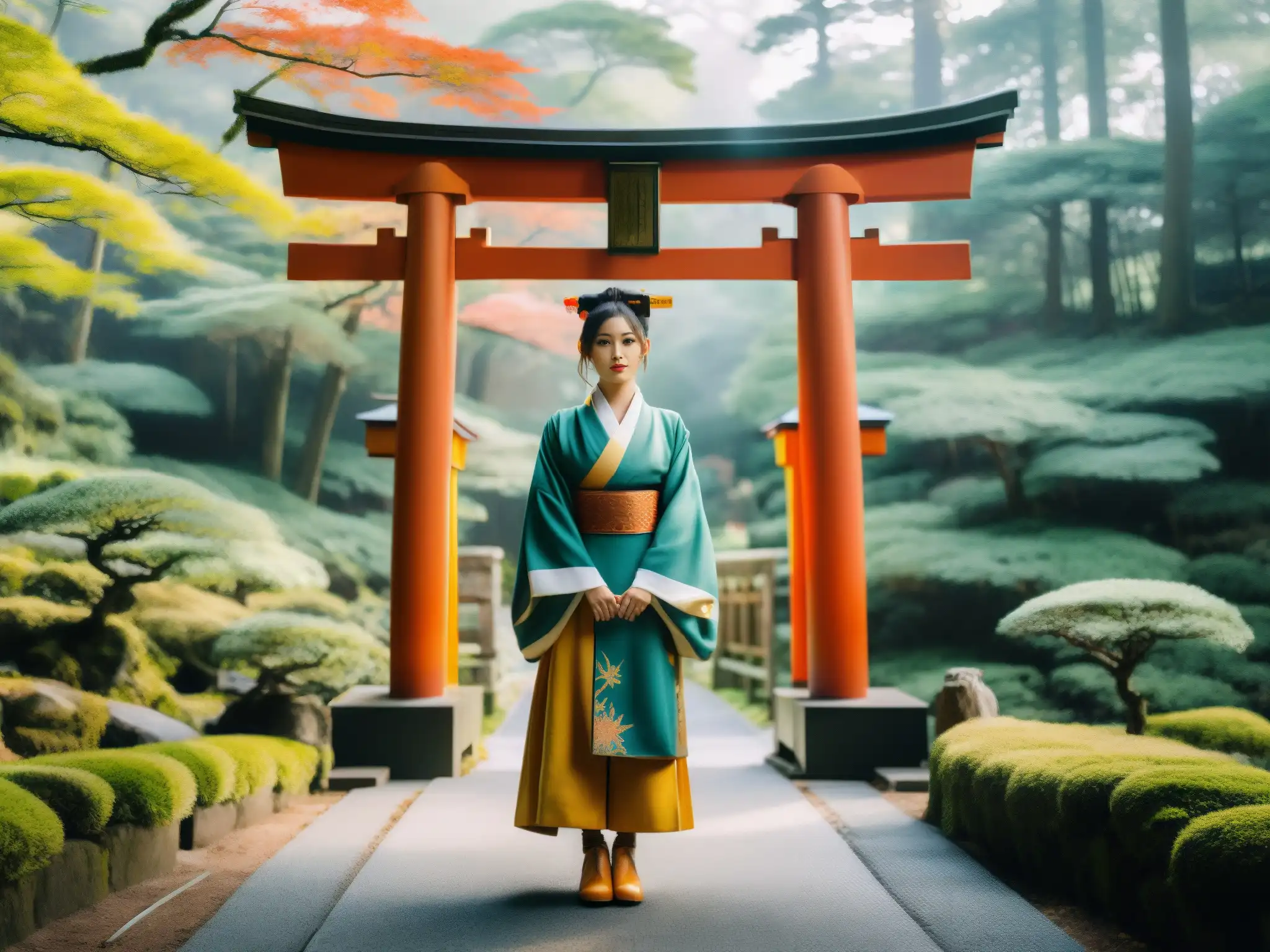 Un influencer japonés reinventando mitos, vistiendo fusión de tradición y modernidad frente a un torii, rodeado de misterio y naturaleza dorada