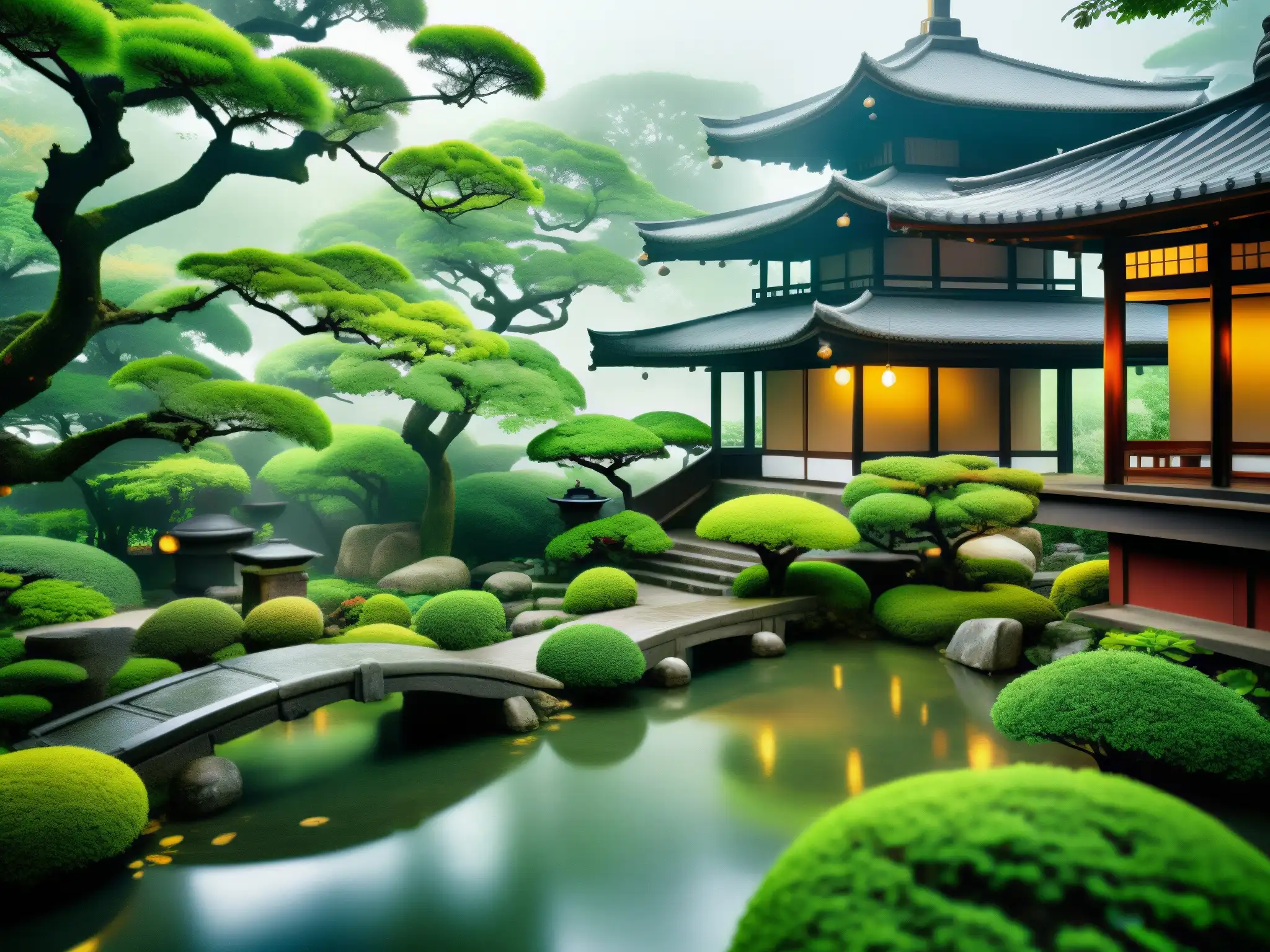 Jardín japonés en la niebla con piedras antiguas y vegetación exuberante, evocando la misteriosa mitología de las AmeOnna
