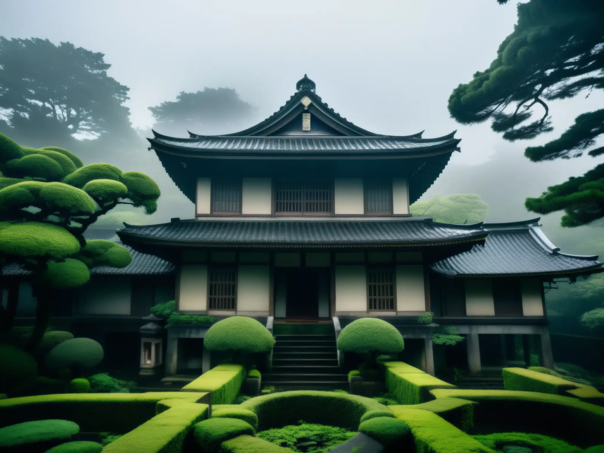 Mansión japonesa antigua y misteriosa, con jardines tenebrosos y un aura de maldición Okiku influencia cine terror