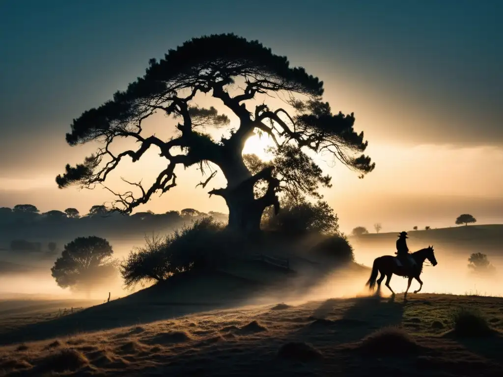 El Jinete sin Cabeza leyenda: Noche de niebla en el campo español, con árboles antiguos y una figura a caballo en la penumbra