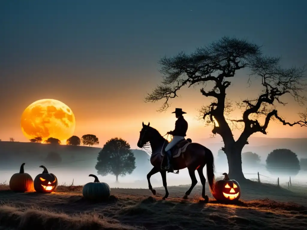 El Jinete sin Cabeza cabalga en una noche de luna llena, rodeado de neblina y misterio, entre los campos y árboles antiguos