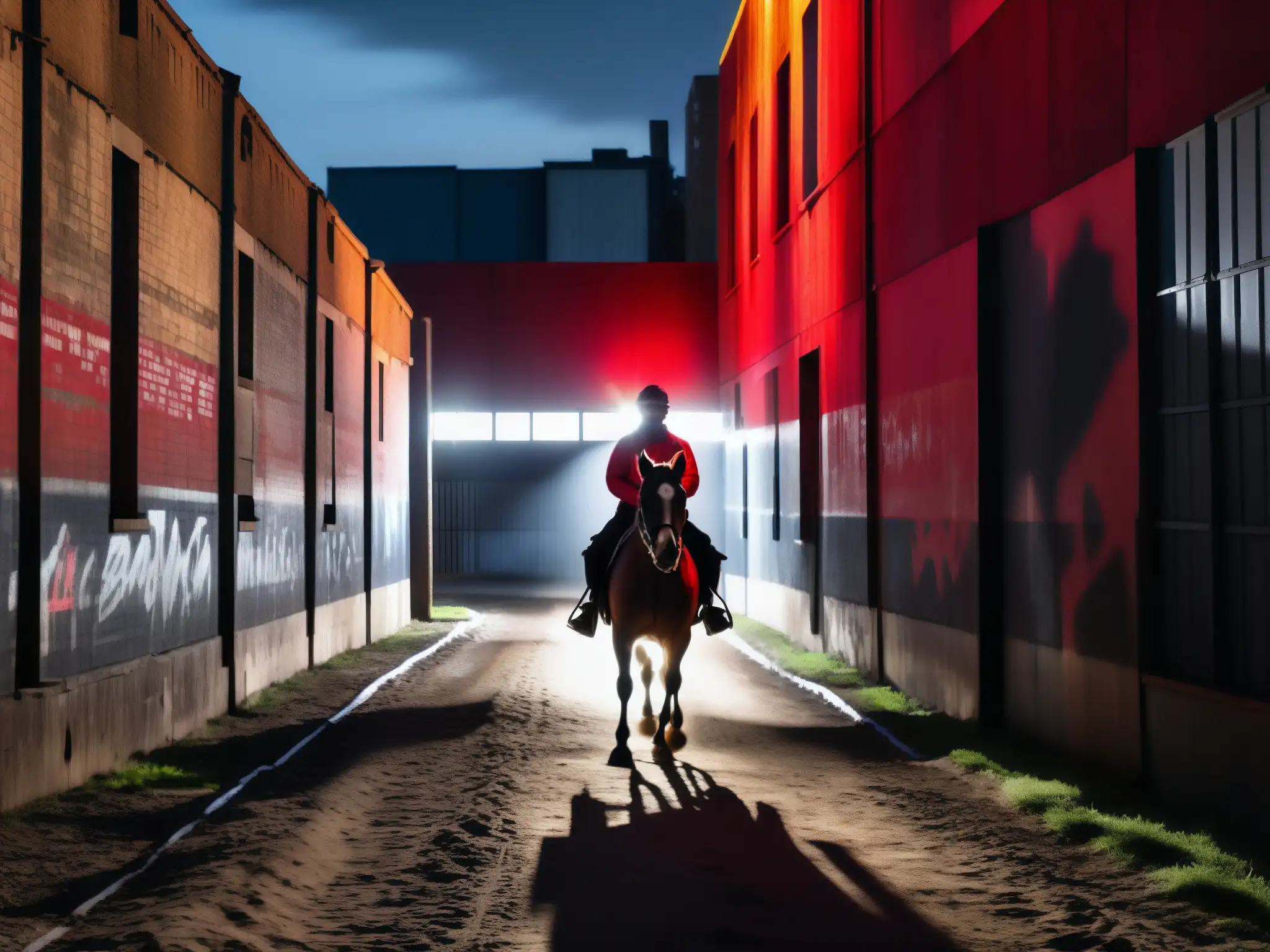Un jinete oscuro cabalga en la noche urbana, con los ojos rojos del caballo brillando