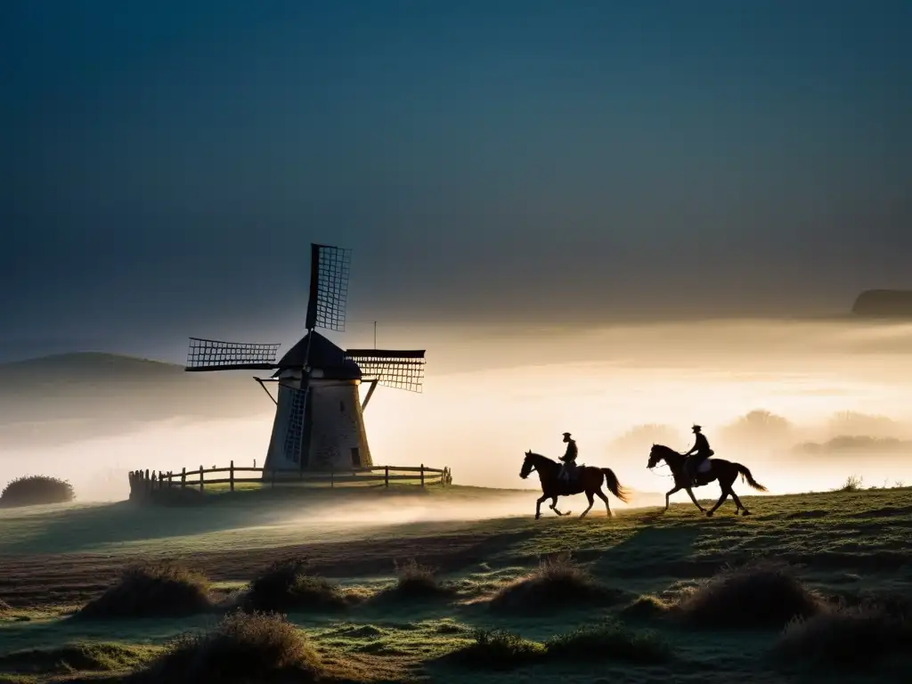 Un jinete solitario cabalga en la neblina de la noche hacia un molino abandonado, evocando la misteriosa leyenda de El Jinete sin Cabeza