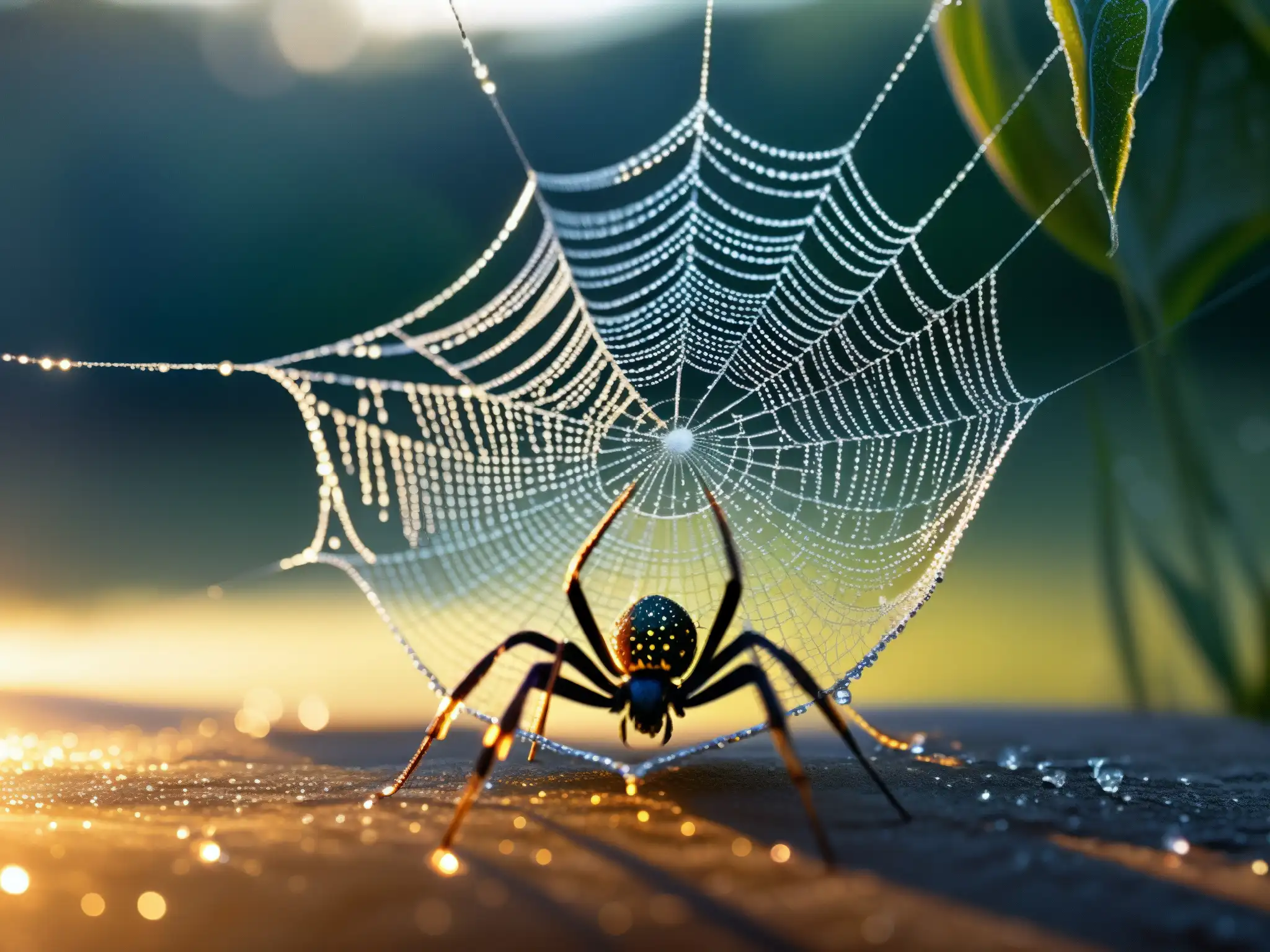 Jorogumo, leyenda araña mujer Japón, teje su intrigante tela en un jardín japonés al amanecer, con gotas de rocío brillando como diamantes