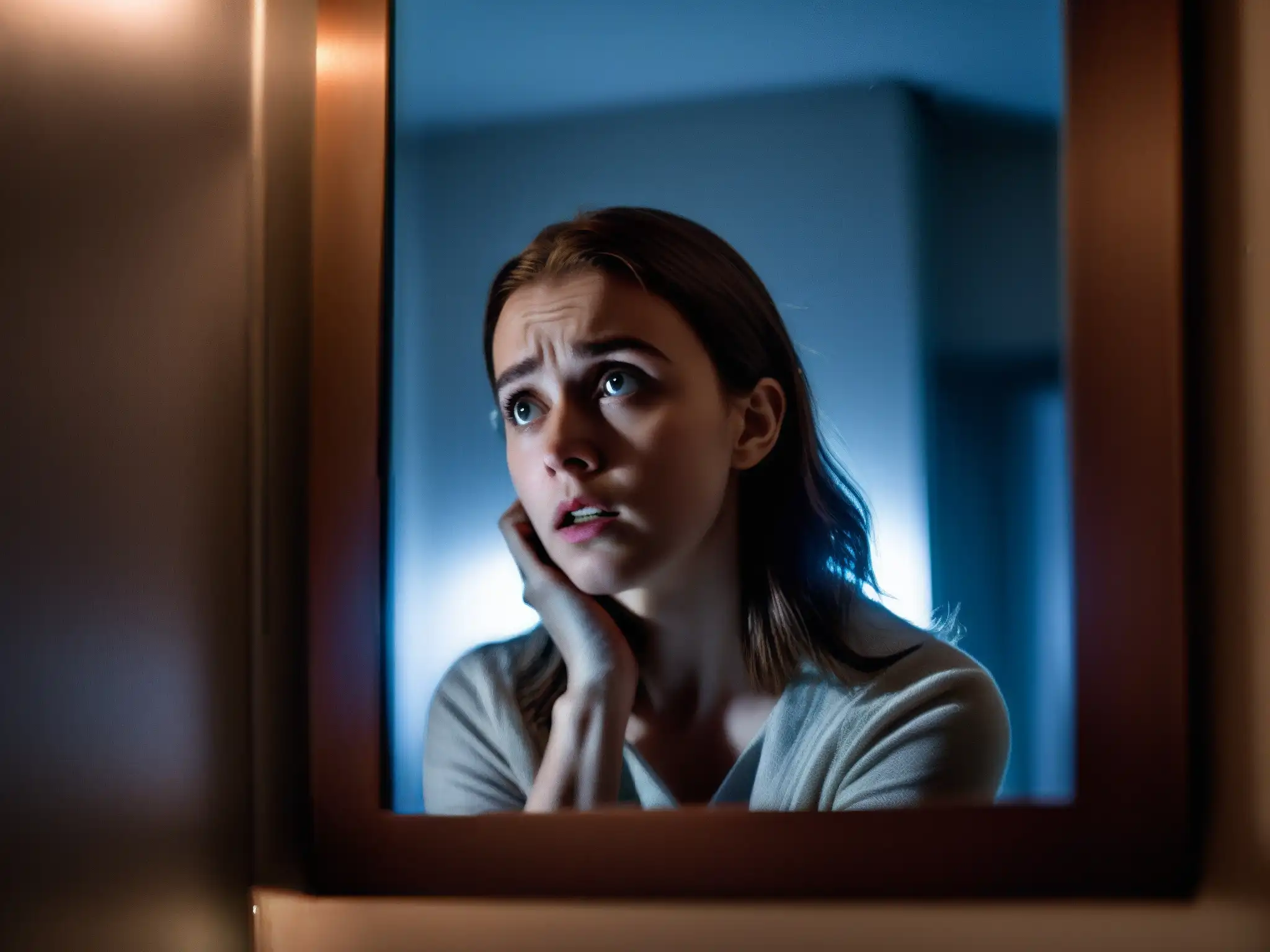 Una joven asustada mira al espejo en un baño oscuro, reflejando una figura fantasmal