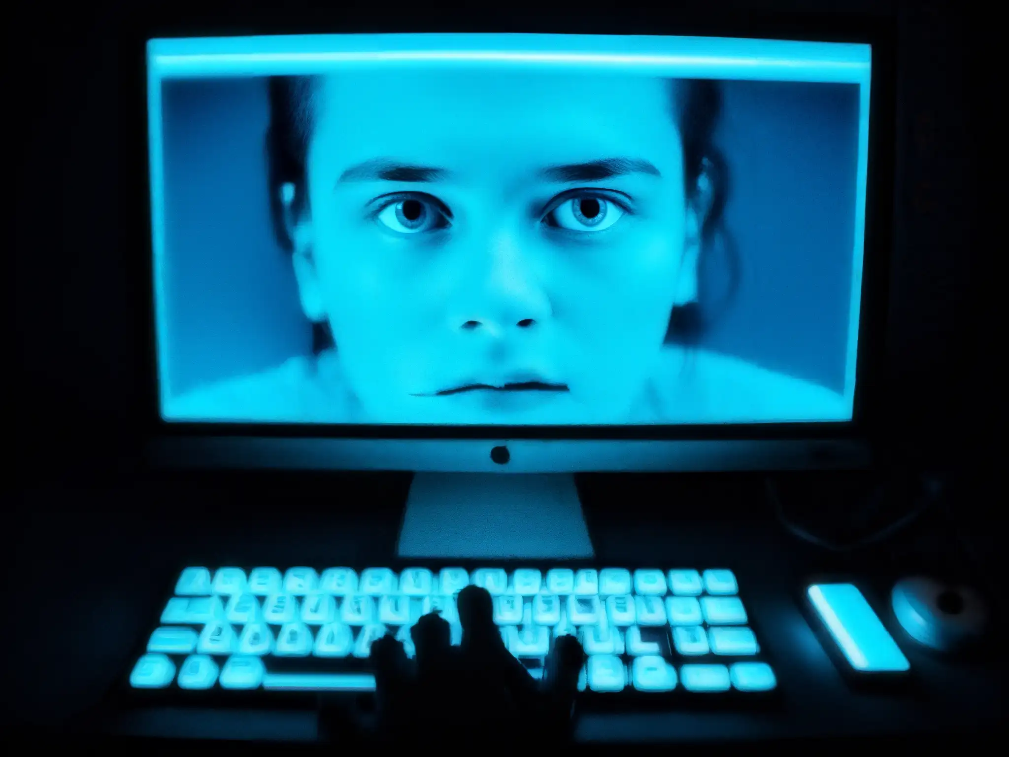 Un joven mira aterrado un mensaje criptico en una pantalla de computadora iluminada con luz azul, reflejando el impacto del Blue Whale Challenge