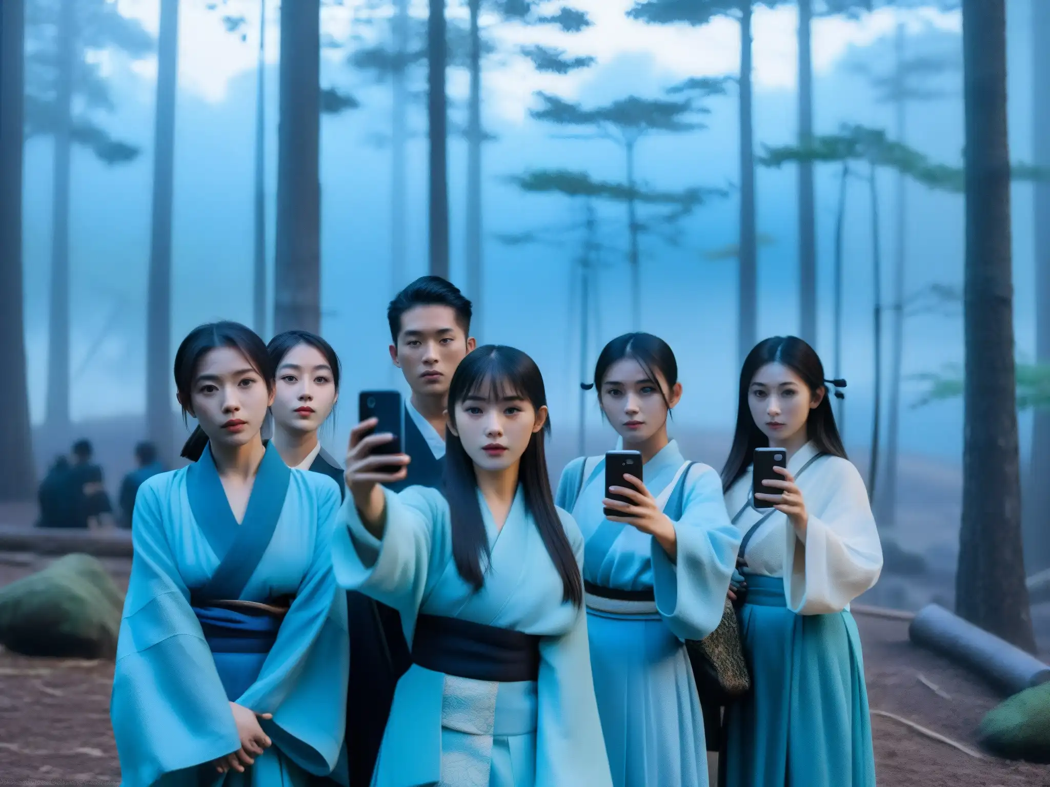 Jóvenes con kimonos toman selfies en un bosque japonés con espíritus al atardecer