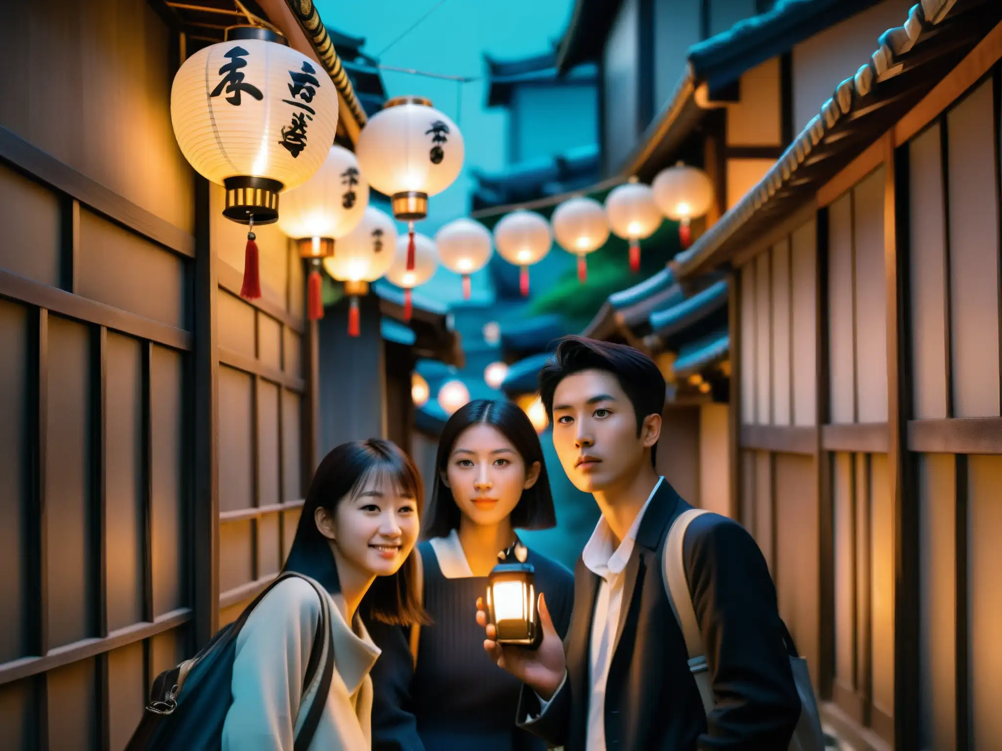 Jóvenes toman selfies en un callejón japonés con espíritus, combinando lo moderno y lo antiguo