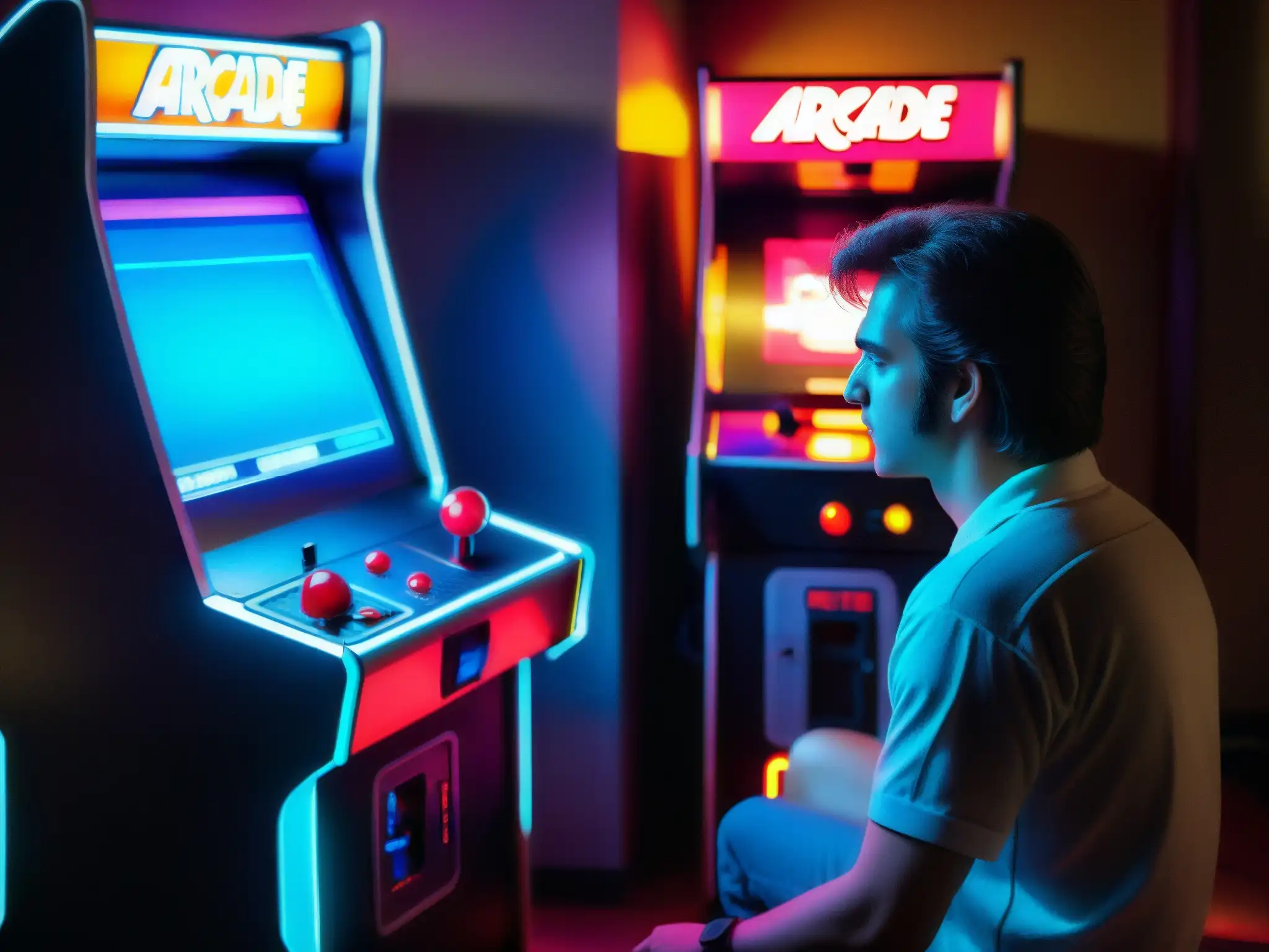 Un jugador se sumerge en el enigmático mundo de Polybius en una sala de arcade de los 80, reflejando nostalgia y misterio