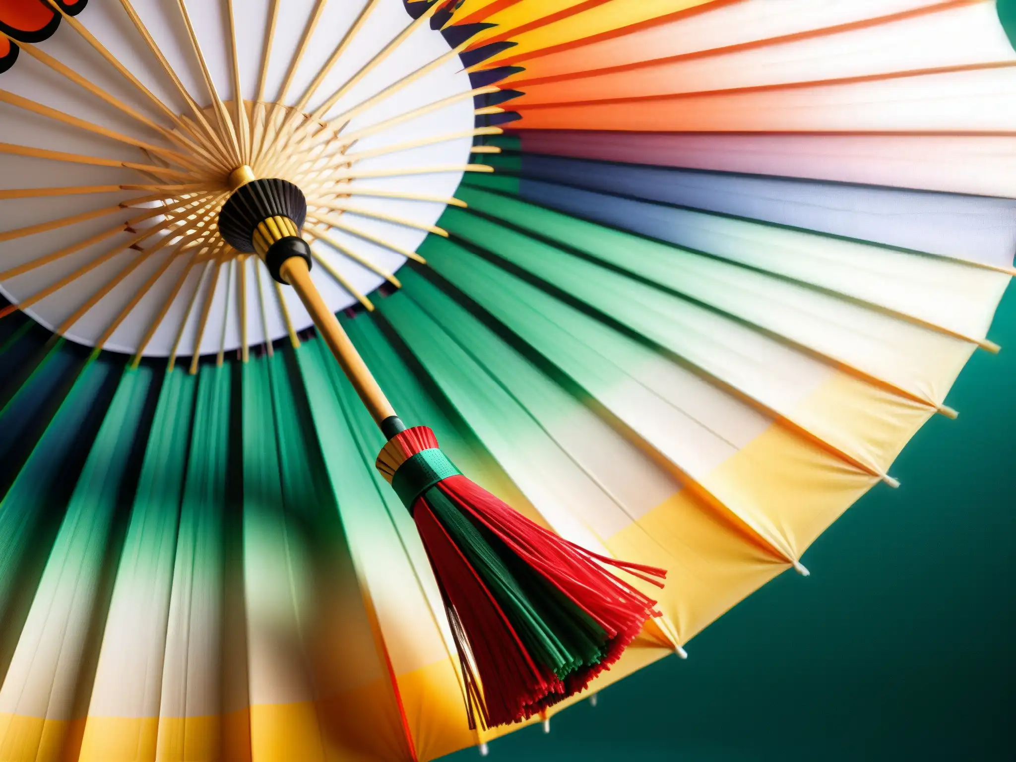 Un Karakasa japonés detallado muestra diseños pintados a mano en el paraguas de papel, el elegante mango de madera y los delicados flecos de seda