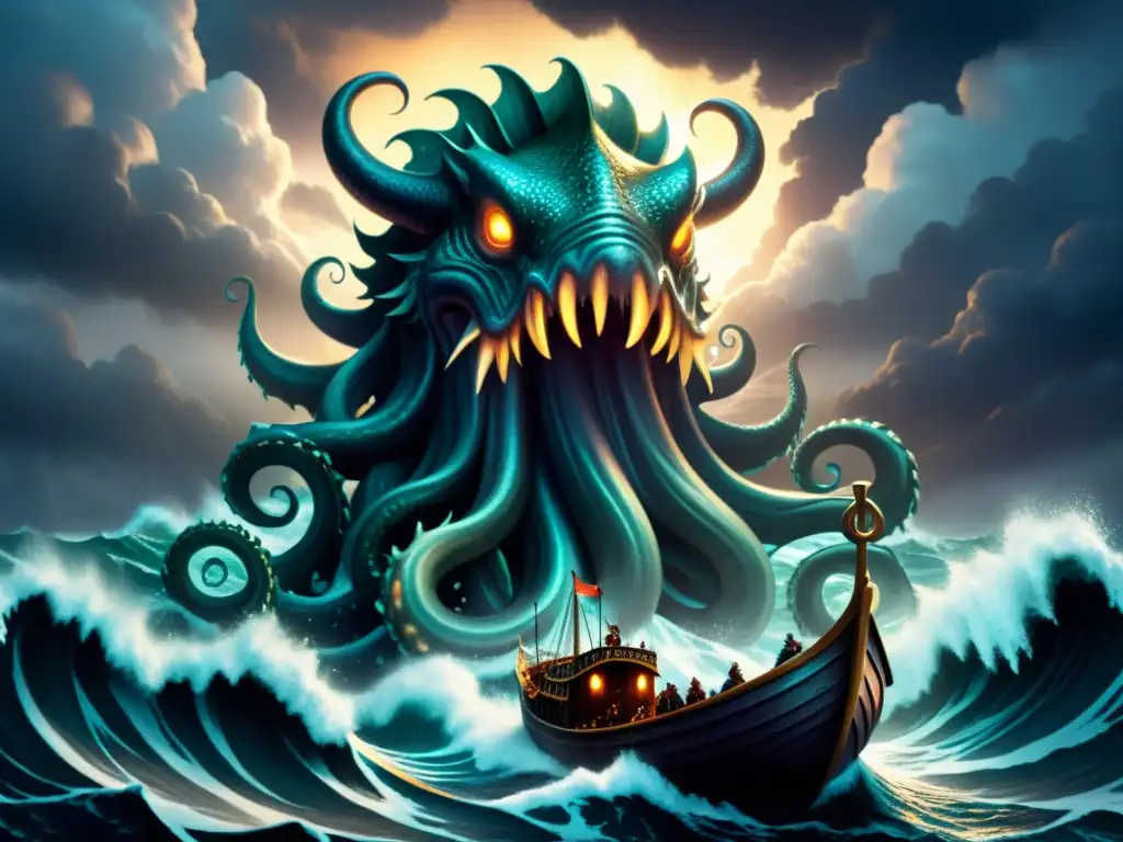 Un Kraken mitológico emerge del mar tormentoso hacia un barco vikingo aterrado