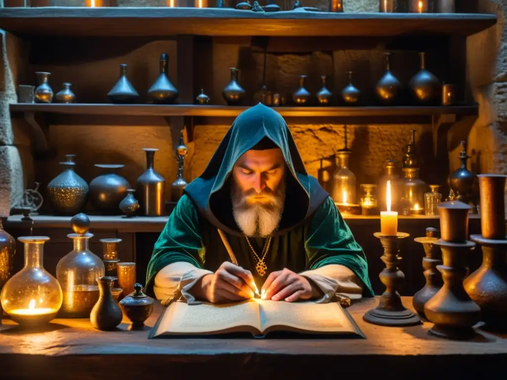 En el laboratorio de alquimia en Praga, una figura encapuchada trabaja rodeada de libros antiguos y frascos de vidrio, iluminada por una misteriosa luz