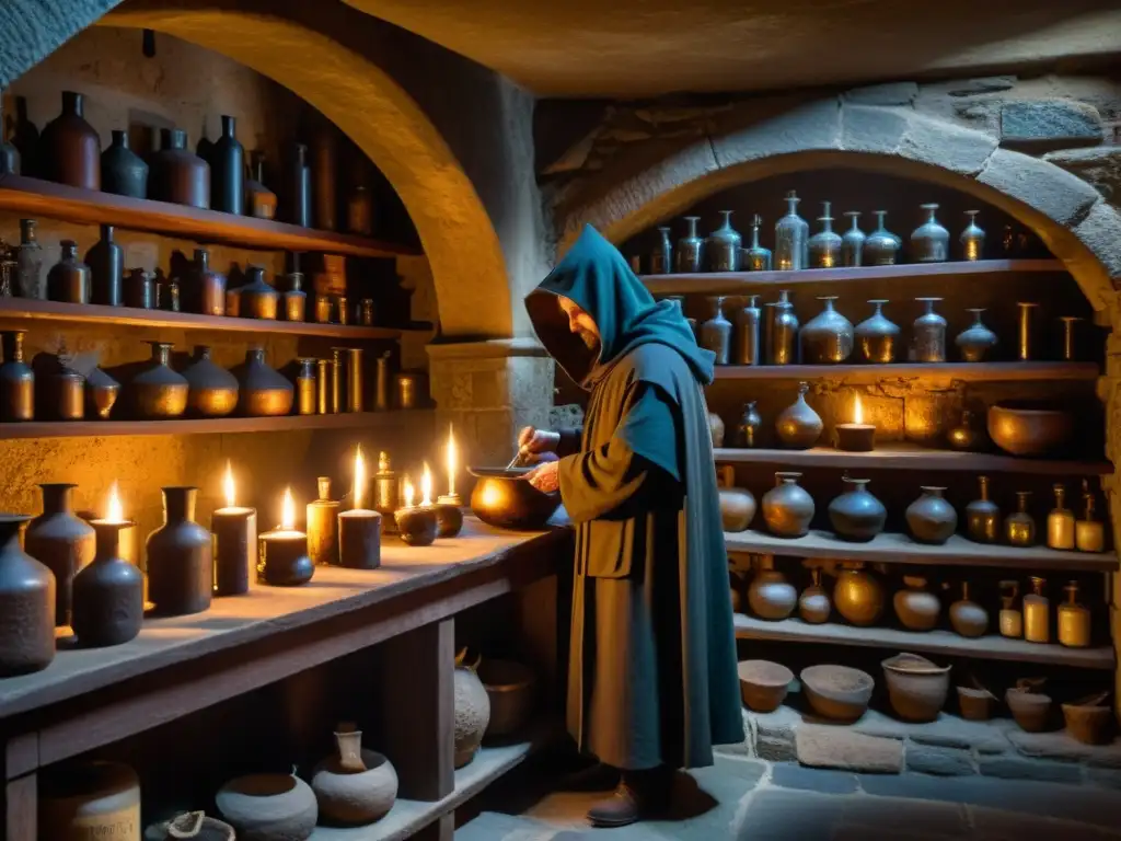 Un laboratorio de alquimia subterráneo, con velas y símbolos místicos, en la Praga medieval, evocando secretos y mitos de los alquimistas