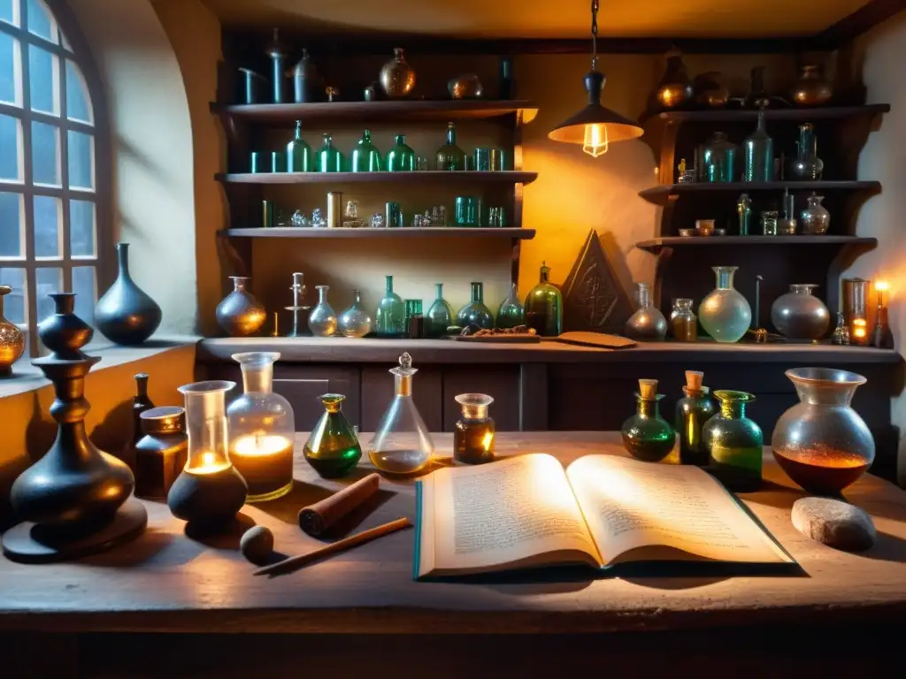 Un laboratorio de alquimista en Praga medieval, con vidriería, pociones y libros antiguos