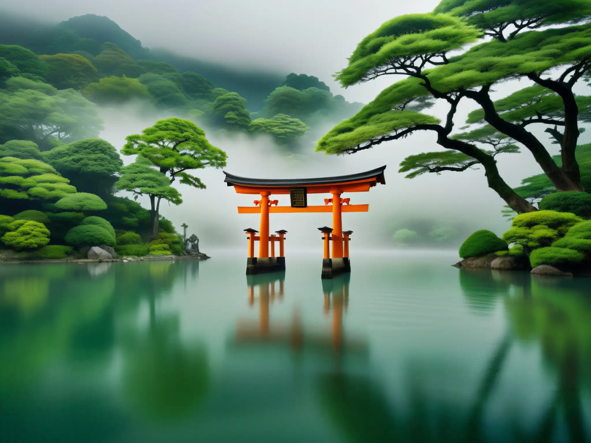 Un lago sereno envuelto en niebla, con un torii japonés parcialmente sumergido