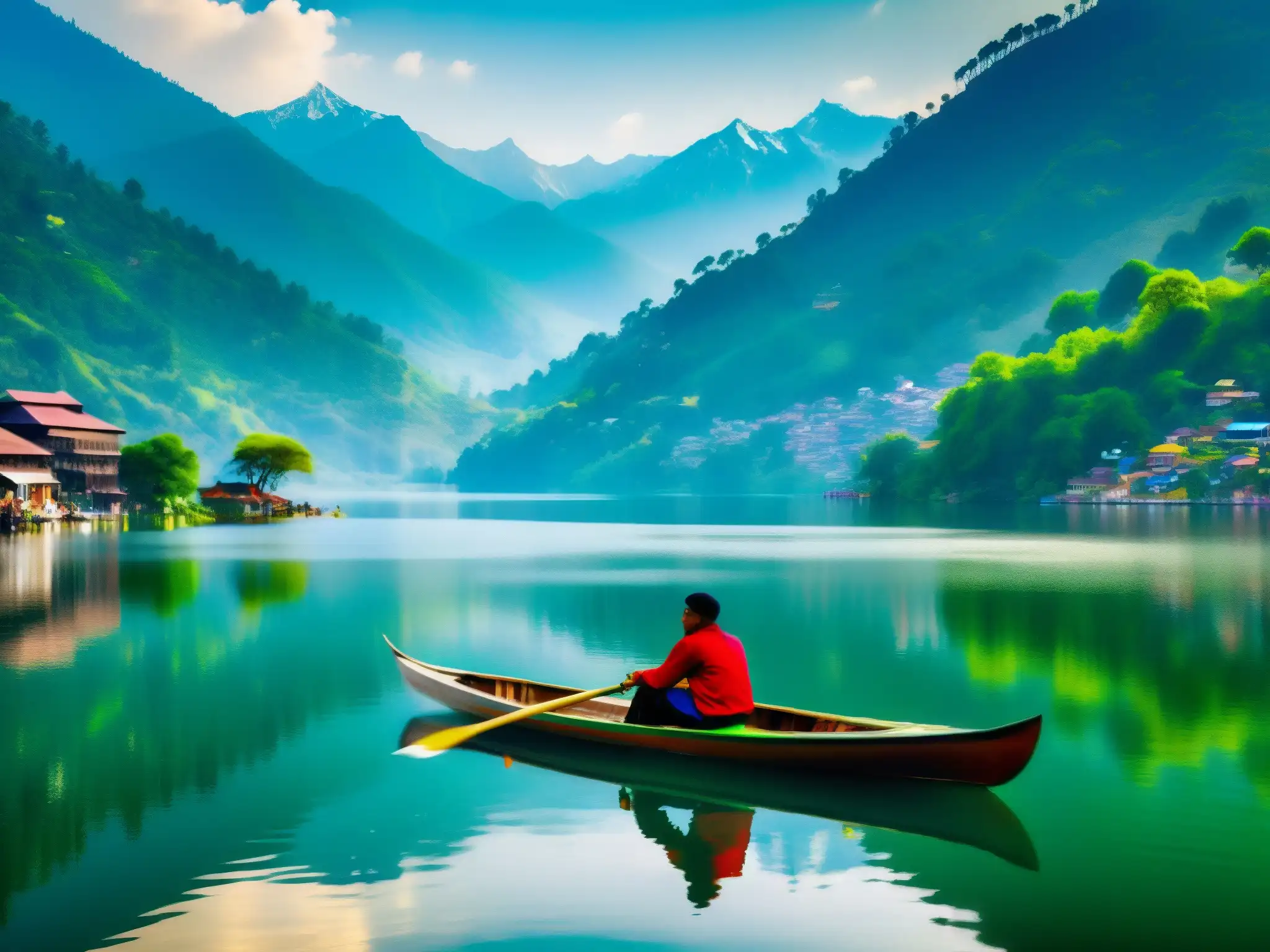 Un lago sereno rodeado de verdes colinas, reflejando los majestuosos Himalayas