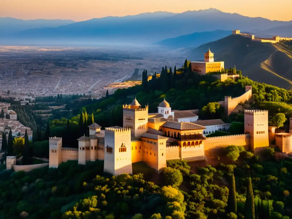 La legendaria Alhambra al atardecer, con su arquitectura bañada en luz dorada y un cielo vibrante