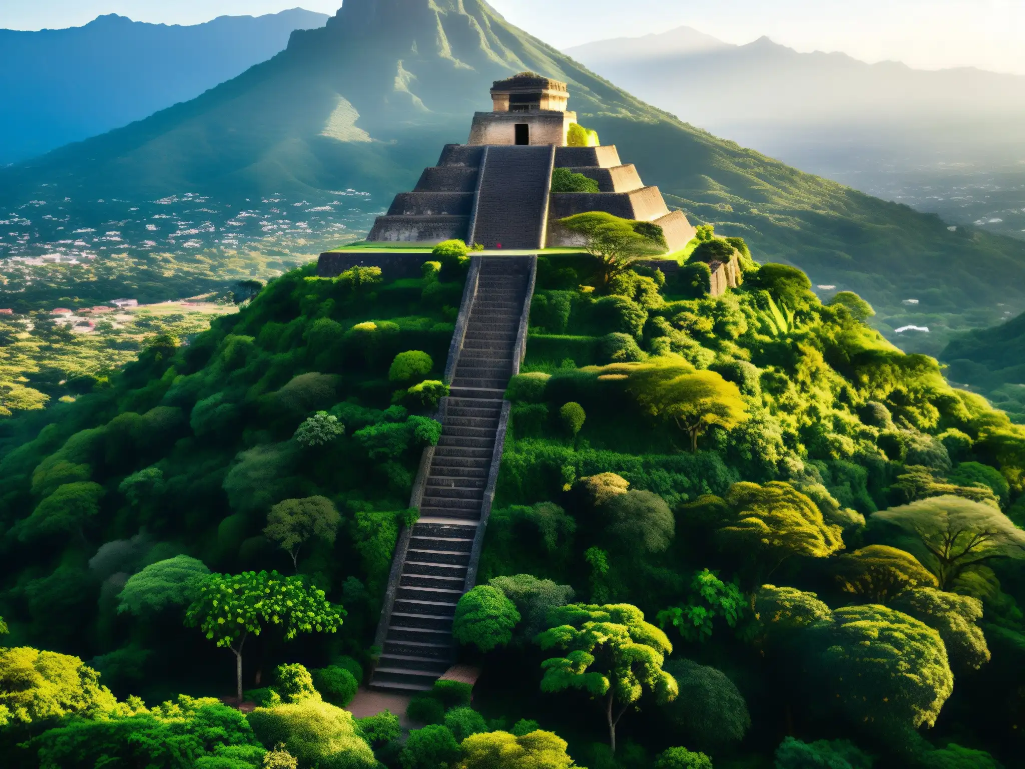 La legendaria Piedra Encantada del Tepozteco entre exuberante vegetación en Morelos, con una cálida luz dorada sobre la antigua pirámide