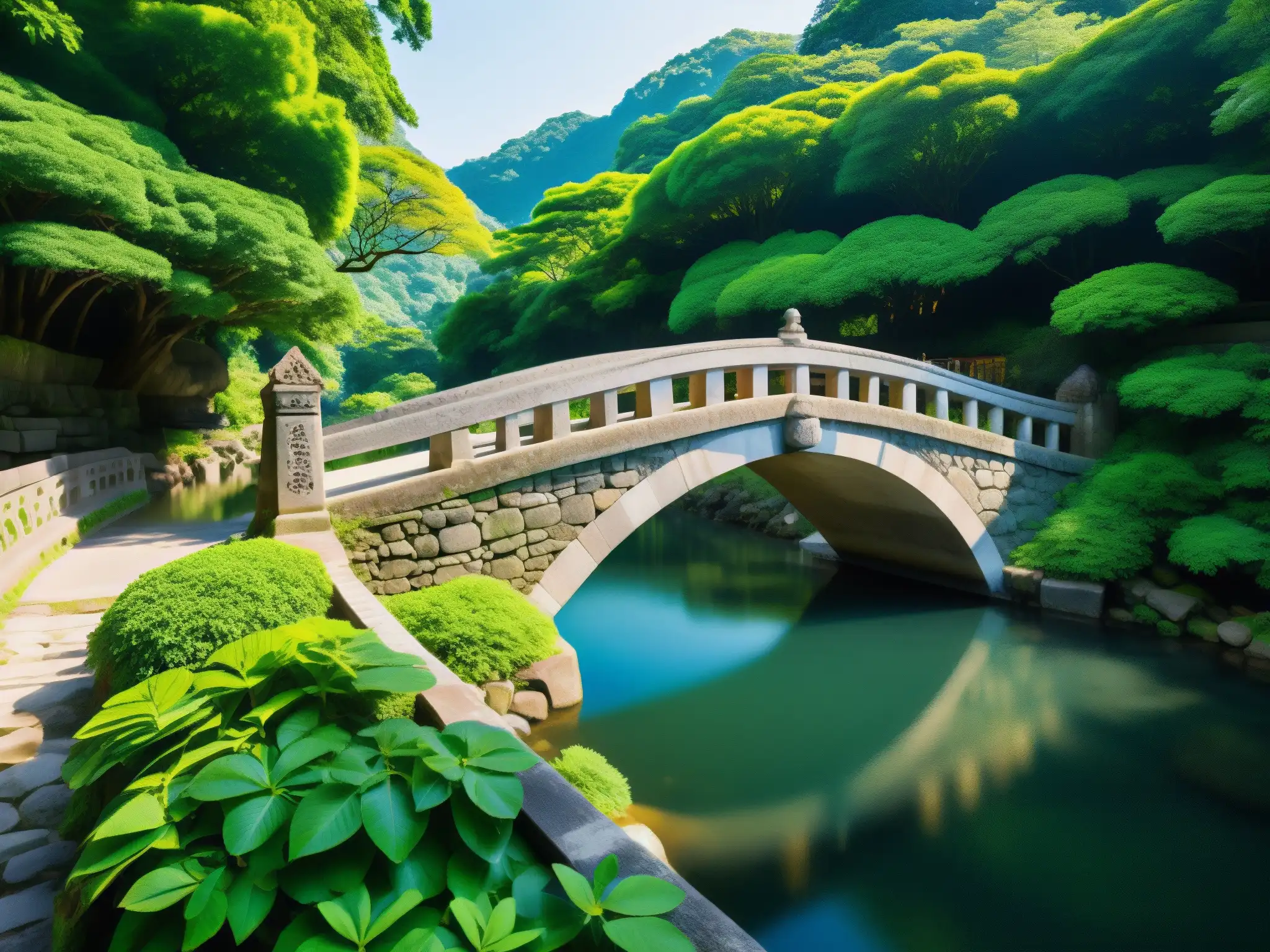 La legendaria Saruhashi: puente de piedra milenario en un entorno natural sereno, reflejando la cultura actual de la región