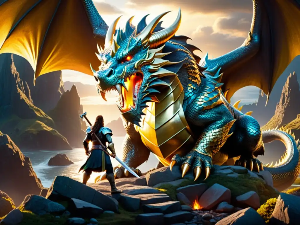 Sigurd enfrenta al legendario dragón Fafnir en un escenario montañoso, con tensión y gloria de la leyenda Sigurd y Fafnir